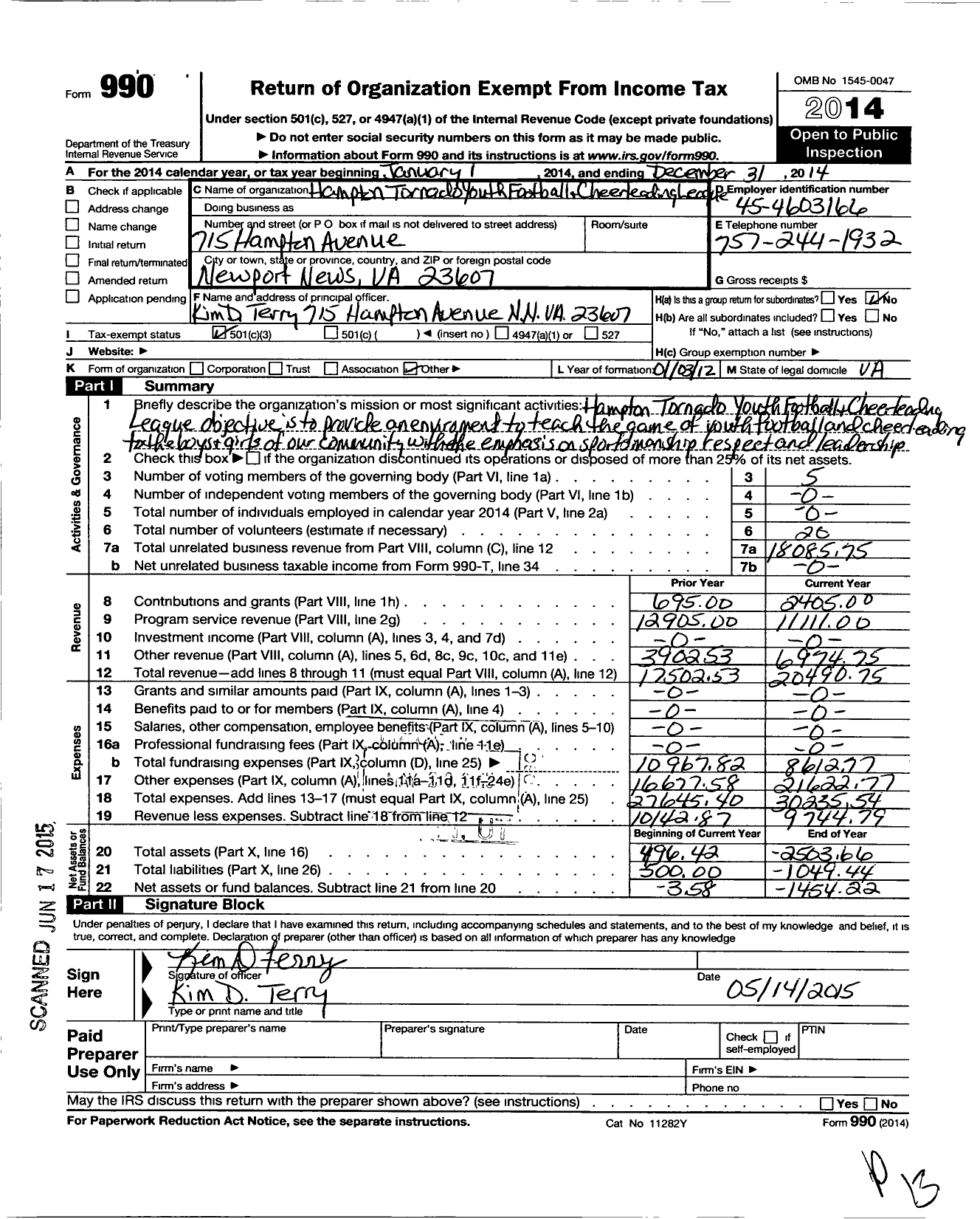 Image of first page of 2014 Form 990 for Hampton Tornado Youth Football and Cheerleading League