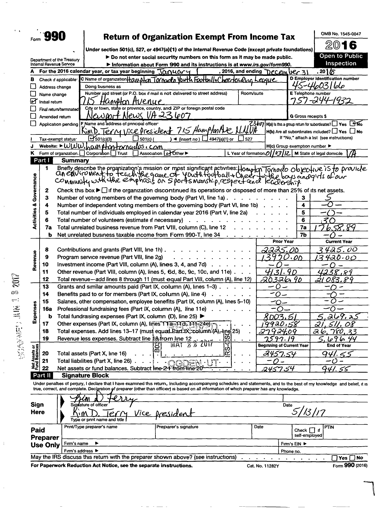 Image of first page of 2016 Form 990 for Hampton Tornado Youth Football and Cheerleading League