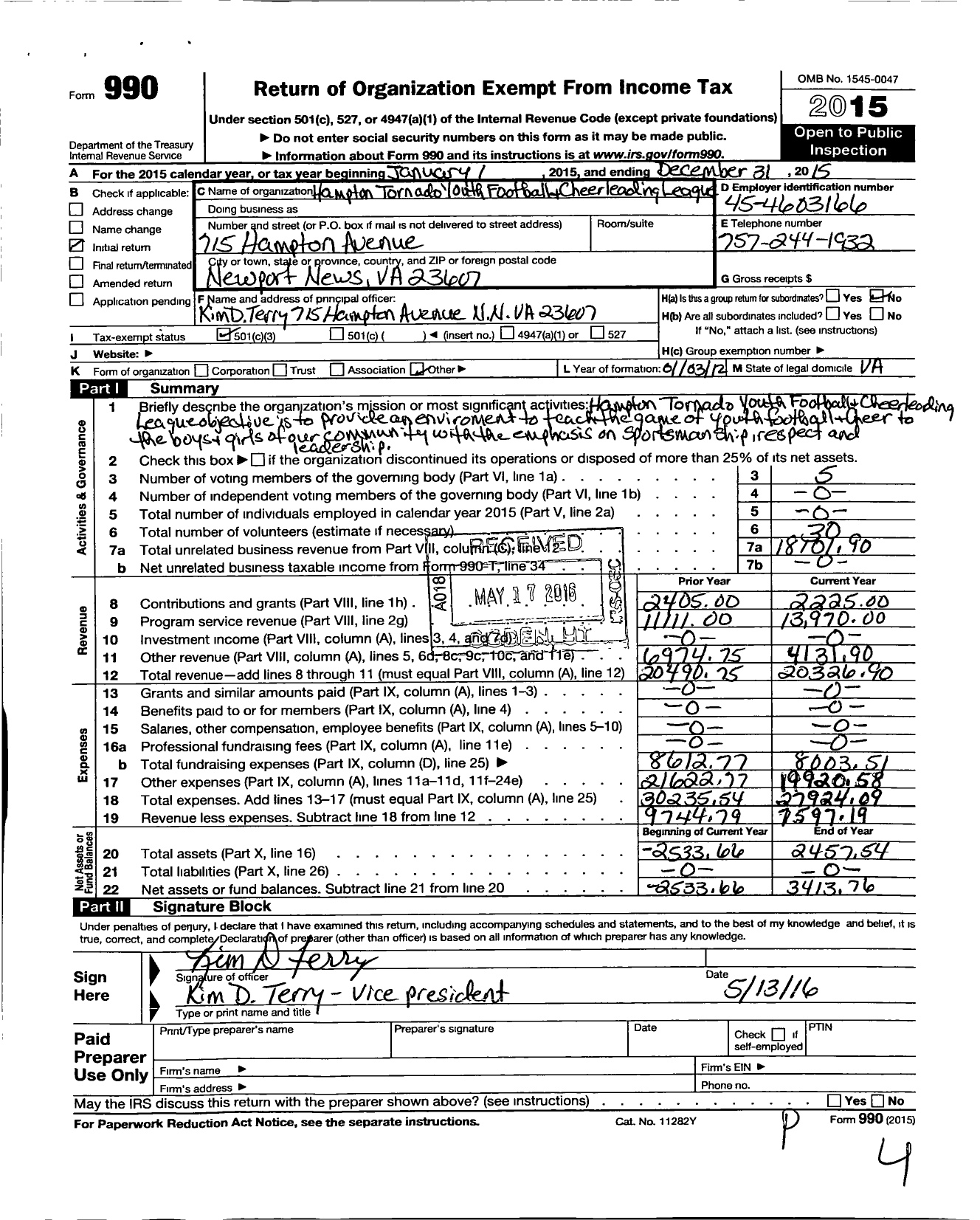 Image of first page of 2015 Form 990 for Hampton Tornado Youth Football and Cheerleading League