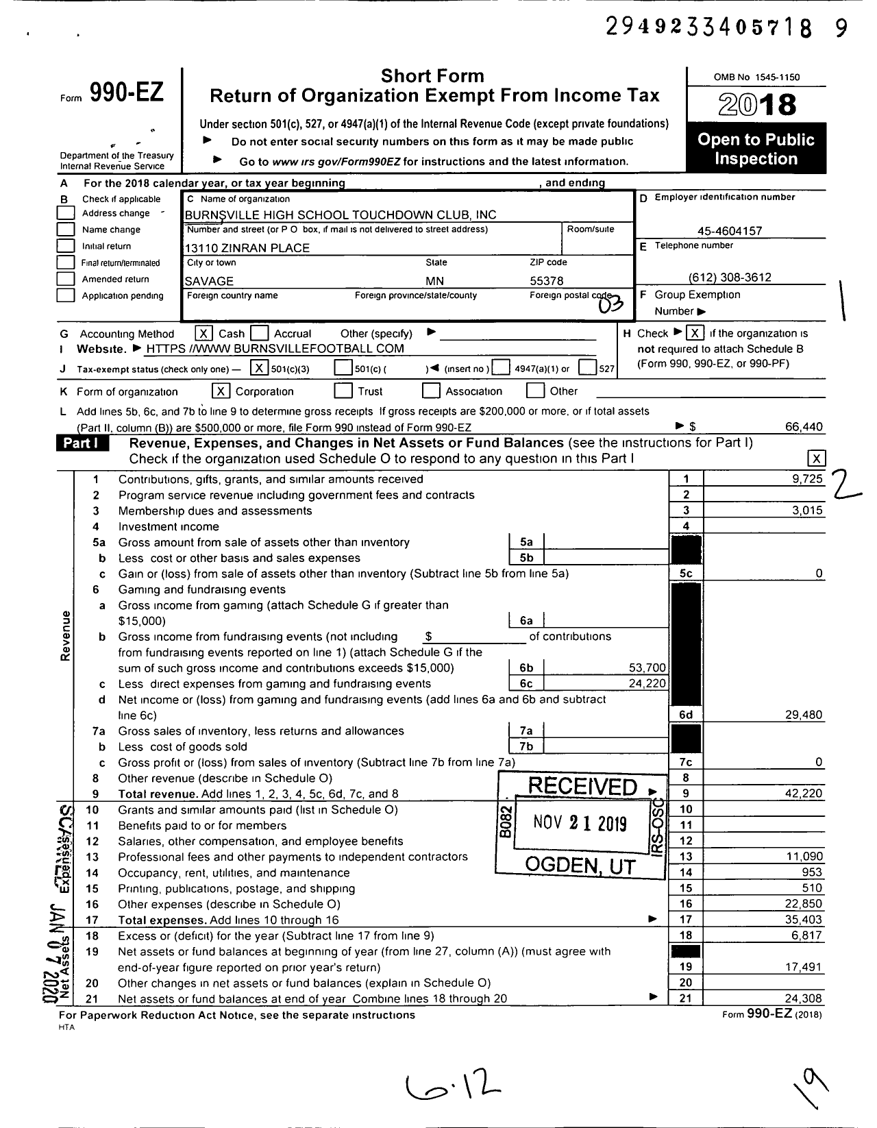 Image of first page of 2018 Form 990EZ for Burnsville High School Touchdown Club