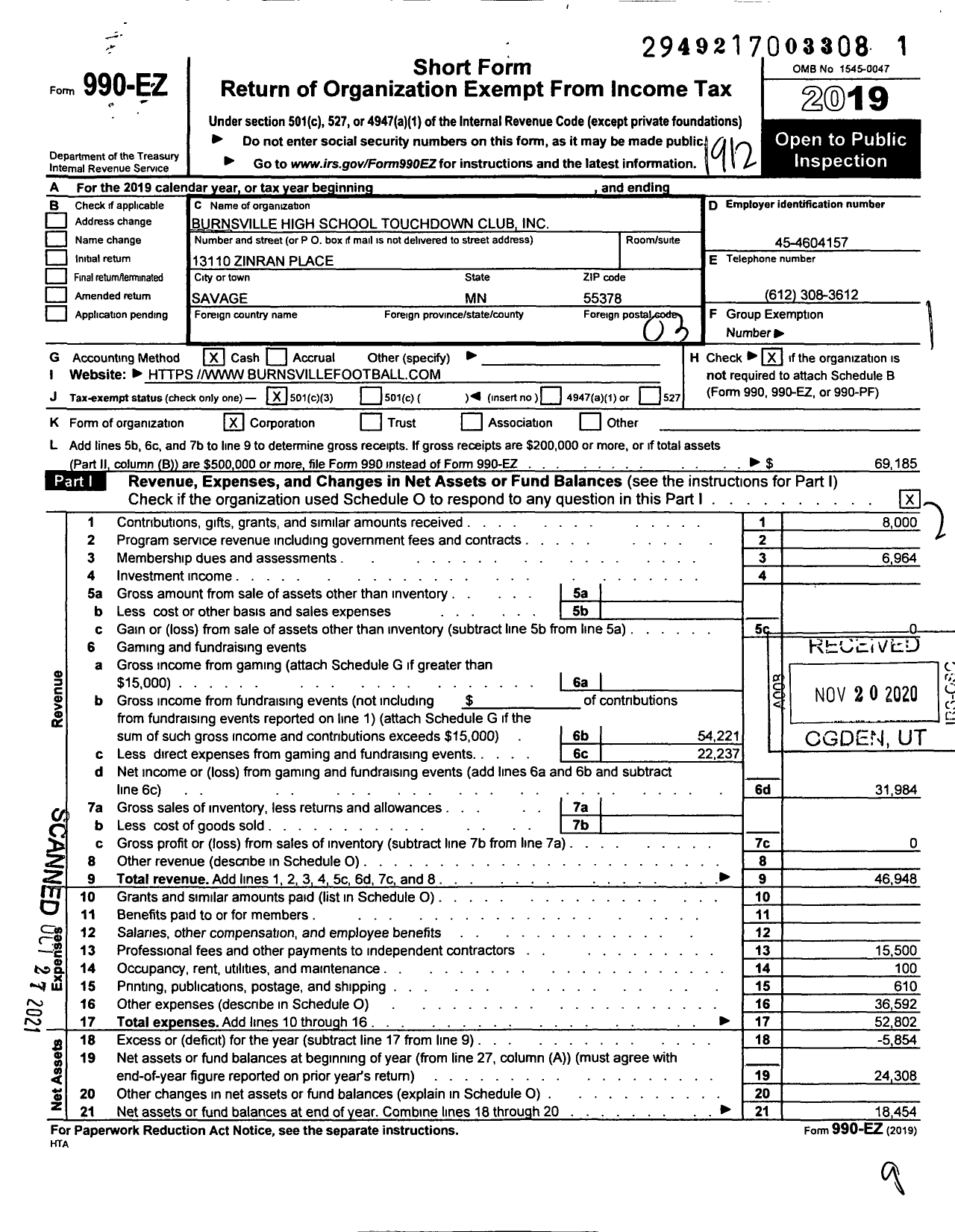 Image of first page of 2019 Form 990EZ for Burnsville High School Touchdown Club