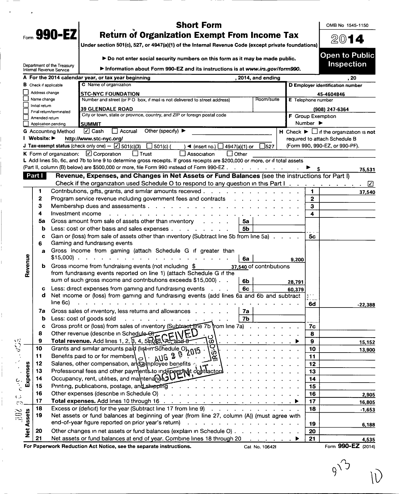 Image of first page of 2014 Form 990EZ for STC Nyc