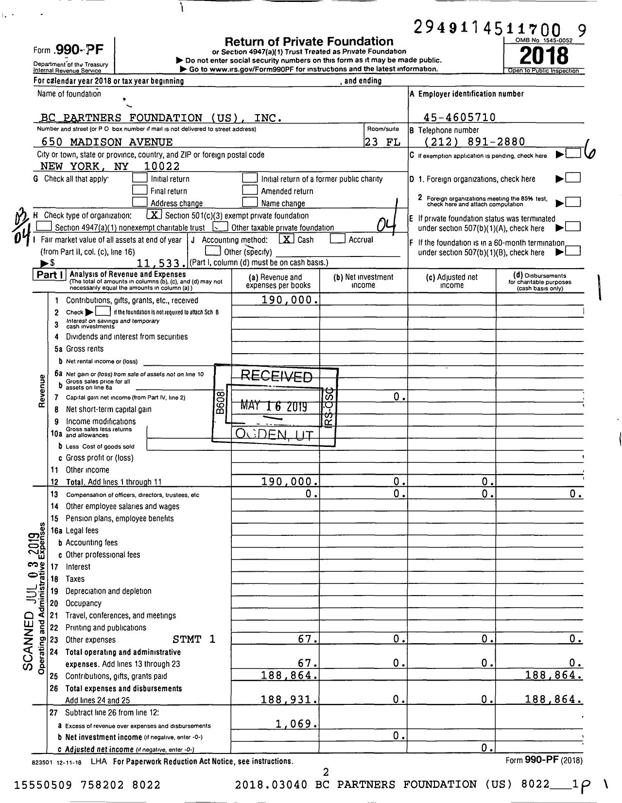 Image of first page of 2018 Form 990PF for BC Partners Foundation