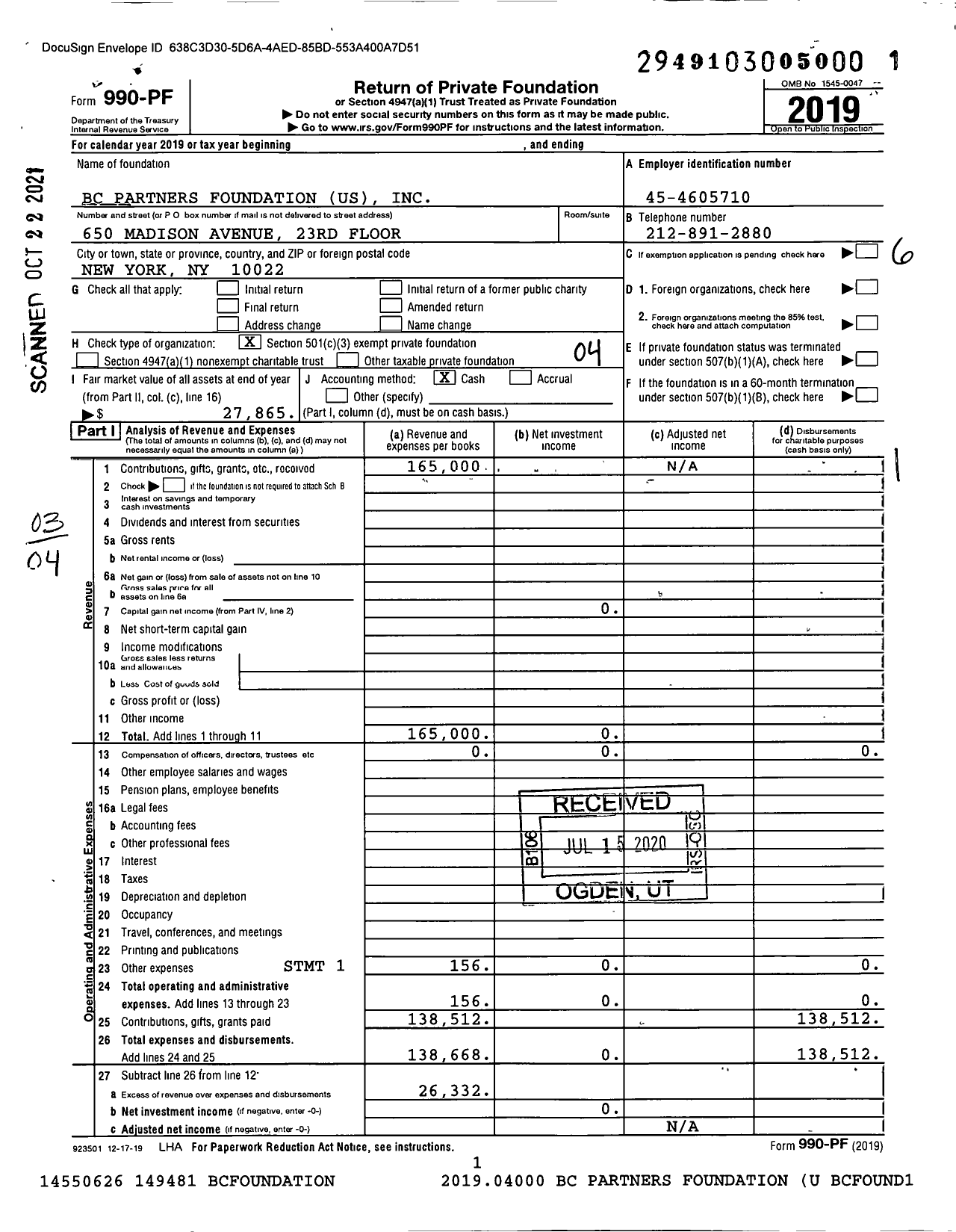 Image of first page of 2019 Form 990PF for BC Partners Foundation