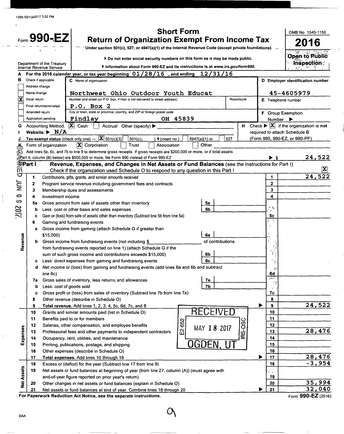 Image of first page of 2016 Form 990EZ for Northwest Ohio Outdoor Youth Education