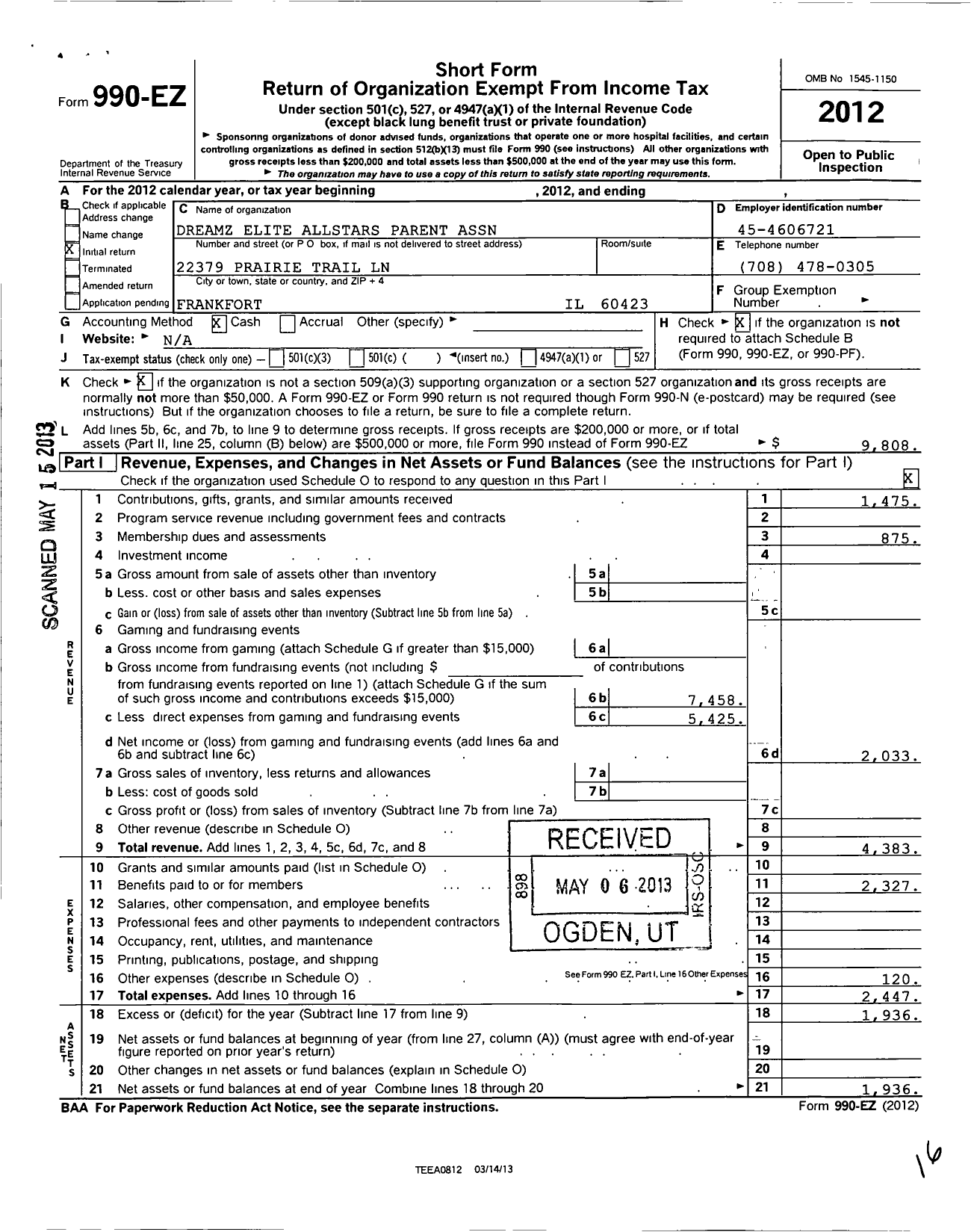 Image of first page of 2012 Form 990O for Dreamz Elite Allstars Parents Association