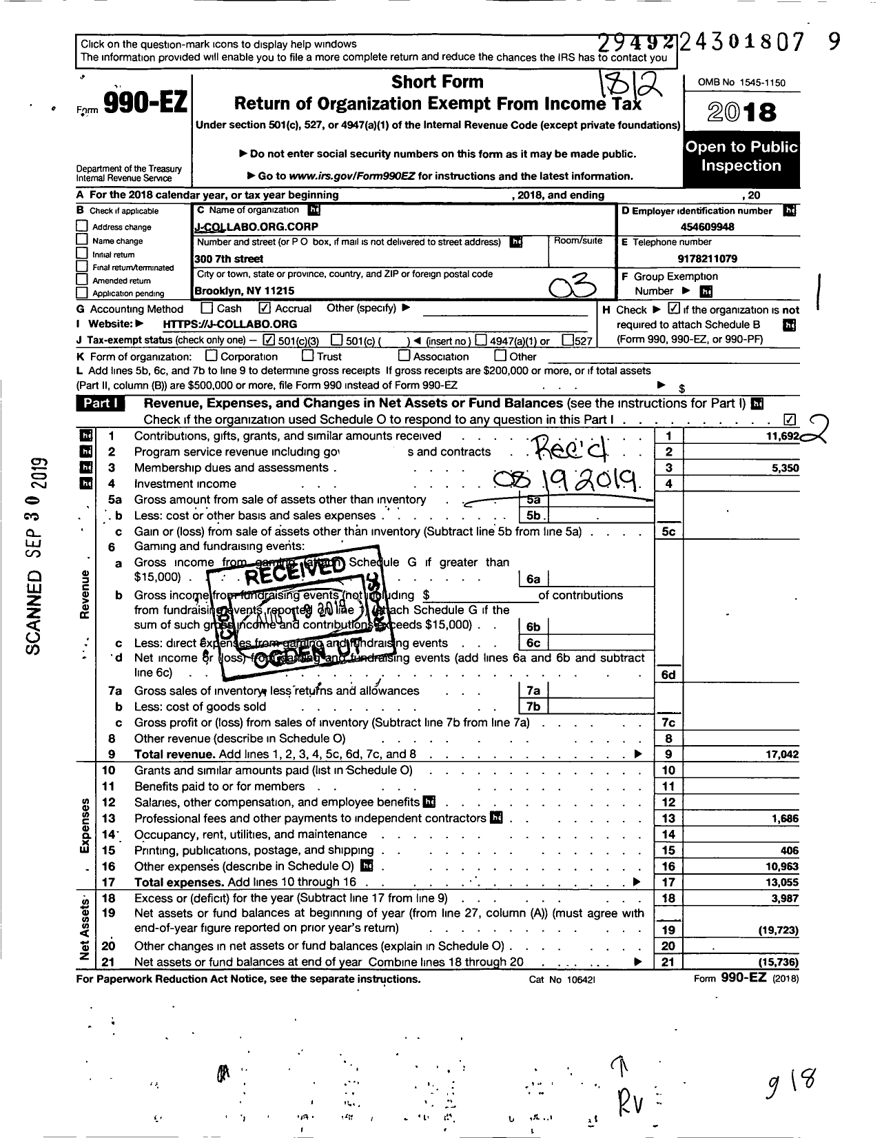 Image of first page of 2018 Form 990EZ for J-Collabo Org Corporation