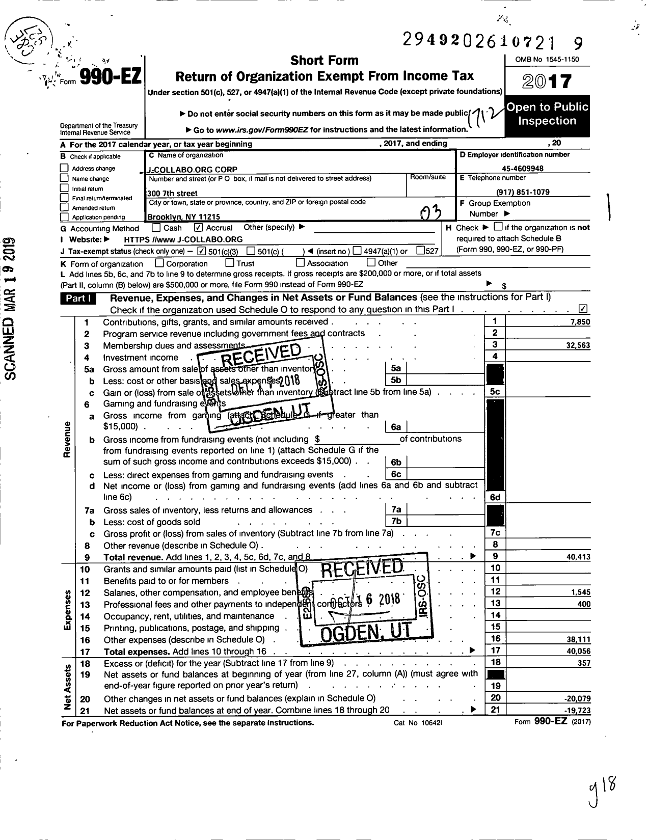 Image of first page of 2017 Form 990EZ for J-Collabo Org Corporation