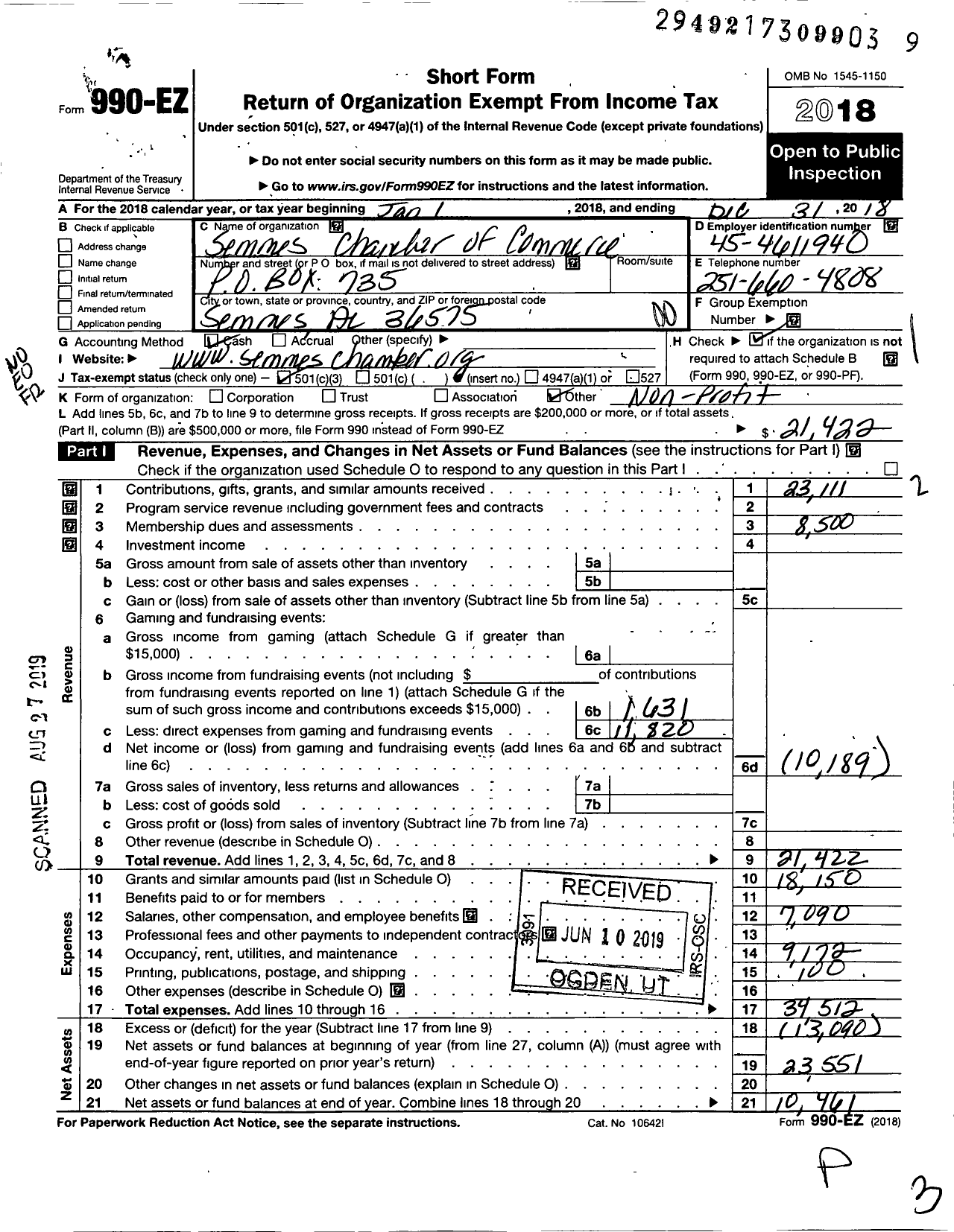 Image of first page of 2018 Form 990EO for Semmes Chamber of Commerce