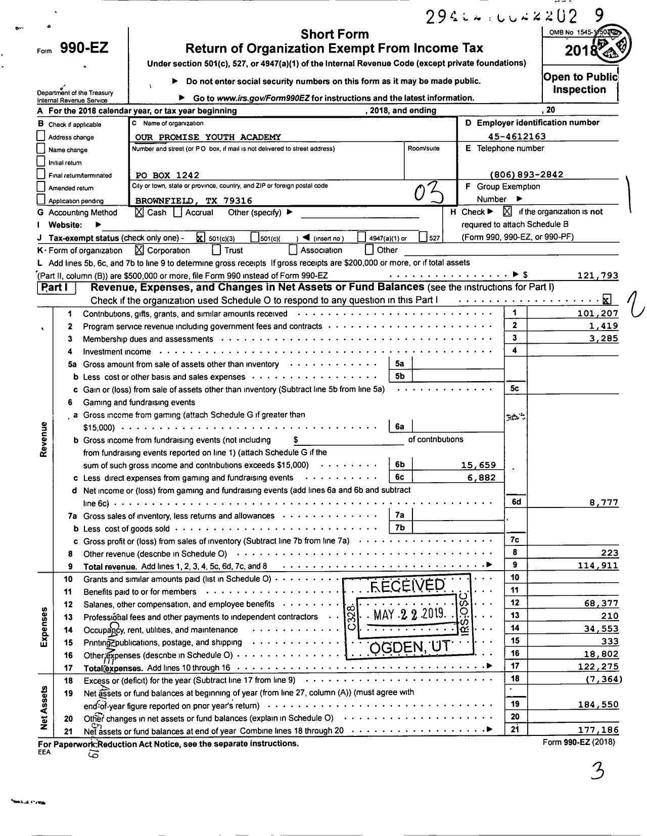 Image of first page of 2018 Form 990EZ for Our Promise Youth Academy