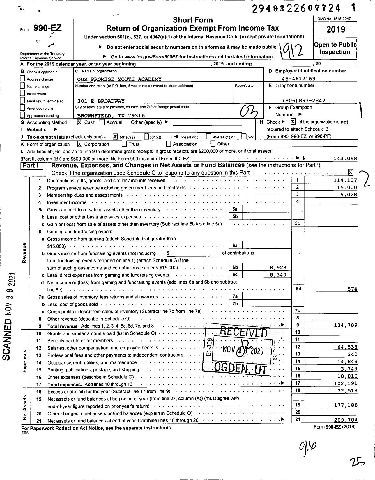 Image of first page of 2019 Form 990EZ for Our Promise Youth Academy