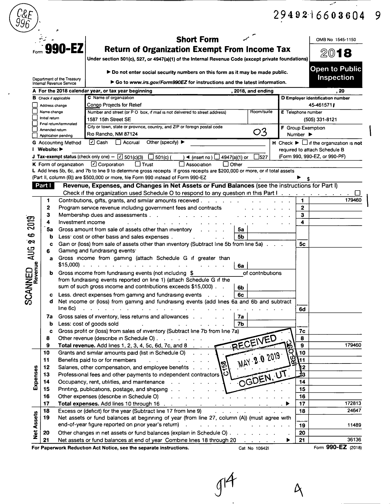 Image of first page of 2018 Form 990EZ for Congo Projects for Relief