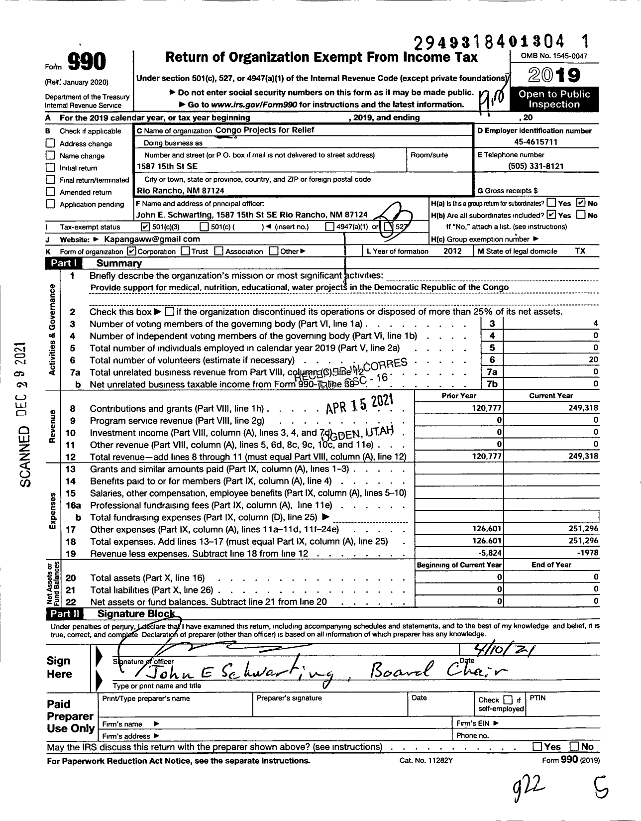 Image of first page of 2019 Form 990 for Congo Projects for Relief