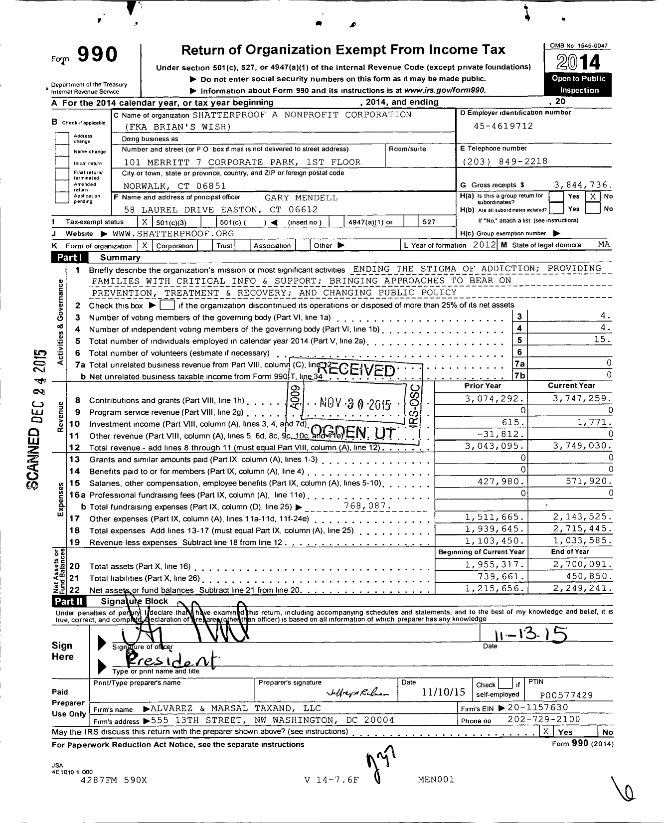 Image of first page of 2014 Form 990 for Shatterproof A Nonprofit Corporation