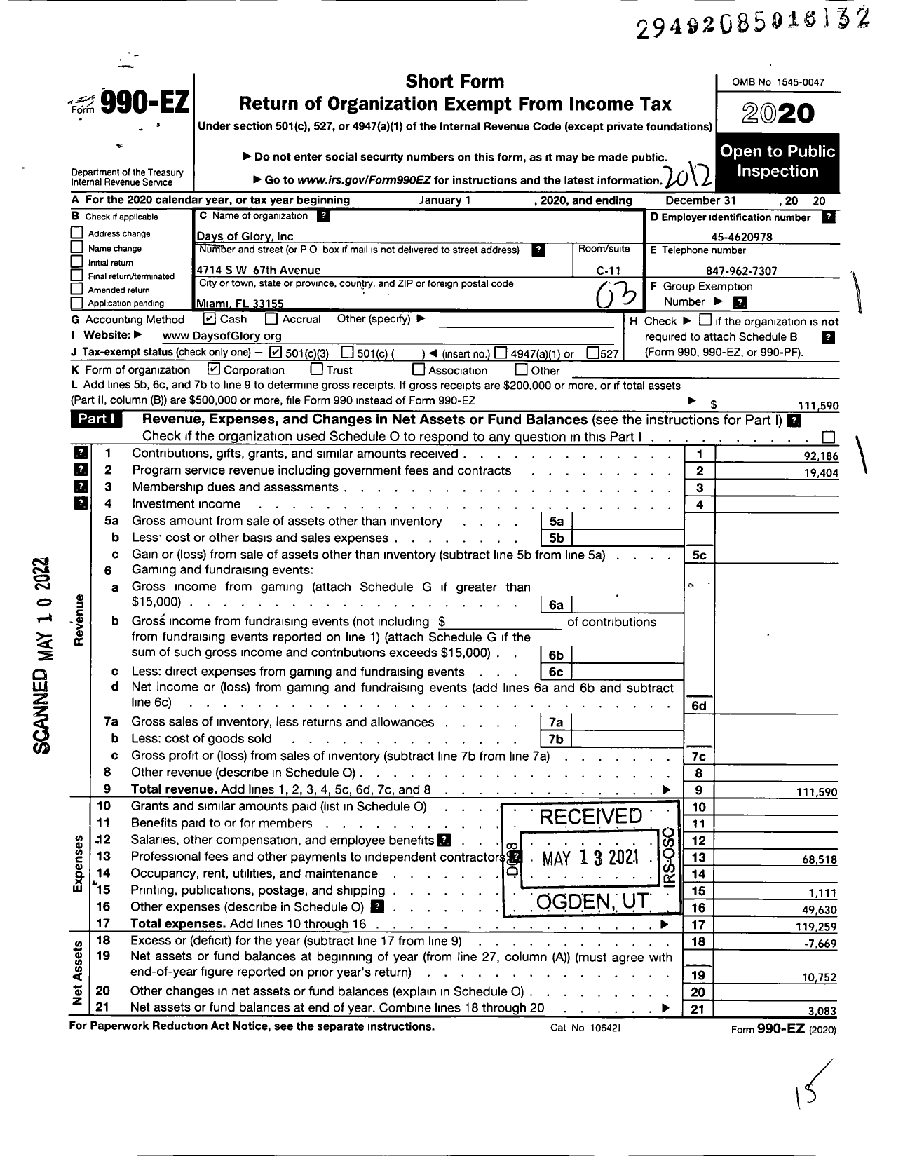 Image of first page of 2020 Form 990EZ for Days of Glory