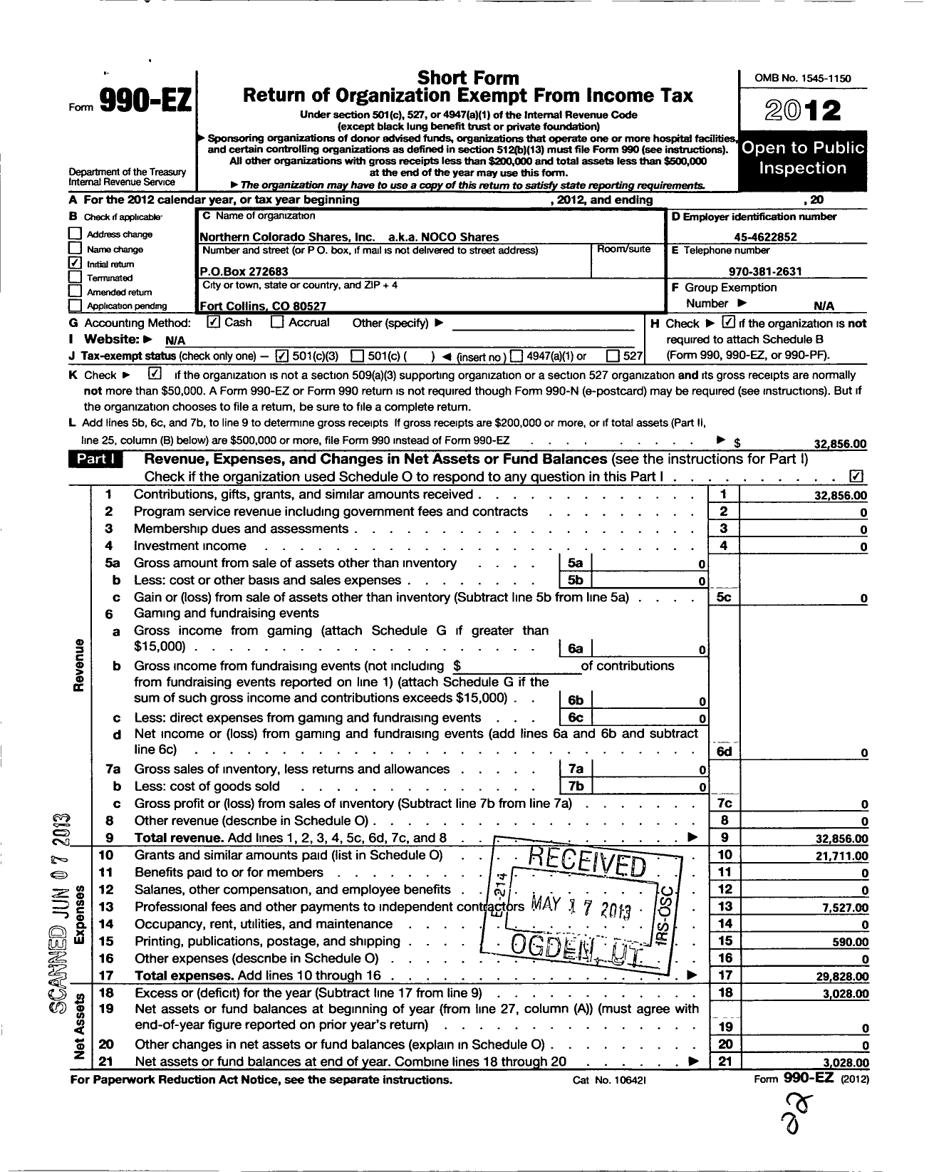 Image of first page of 2012 Form 990EZ for Northern Colorado Shares