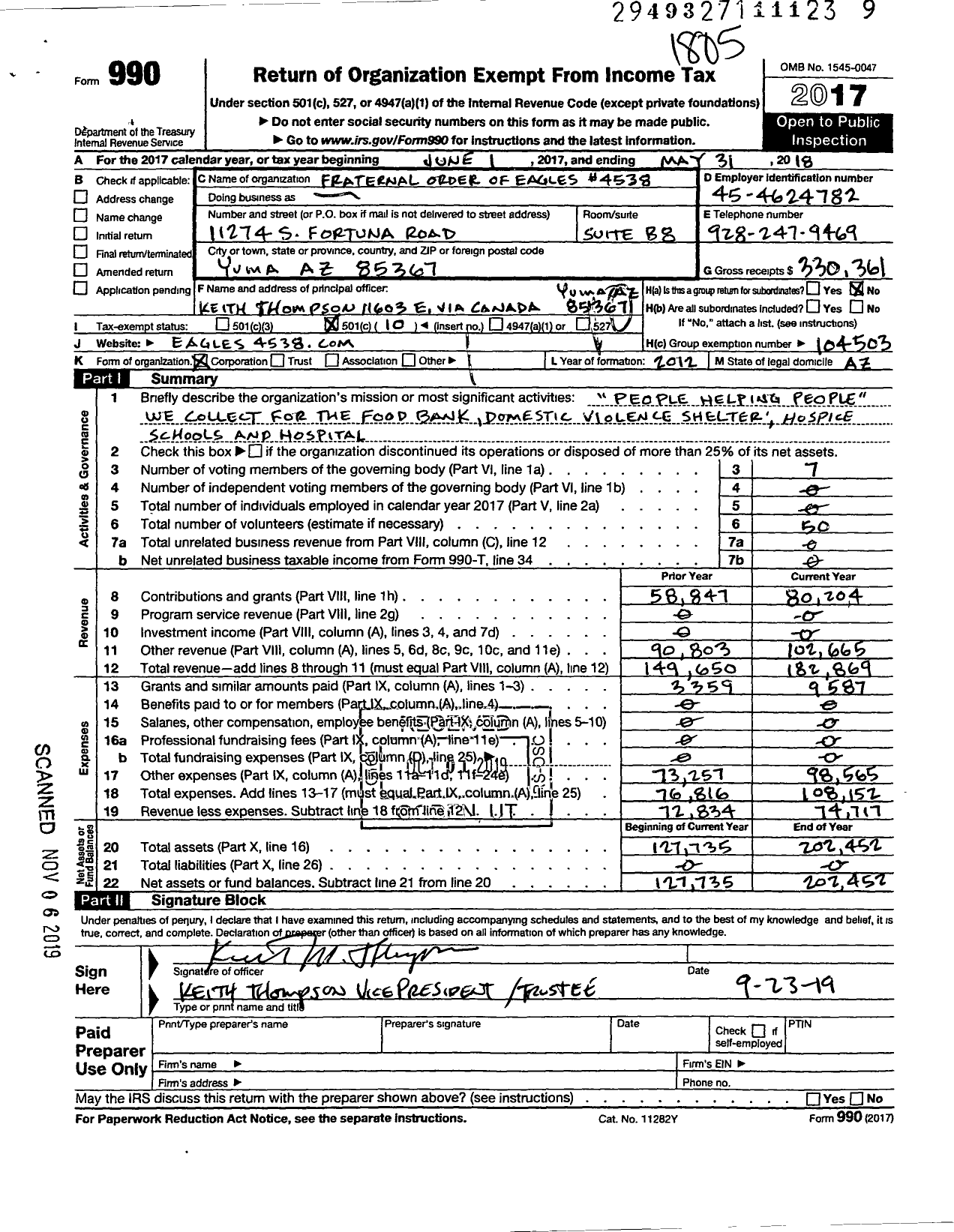 Image of first page of 2017 Form 990O for Fraternal Order of Eagles - 4538 Aerie