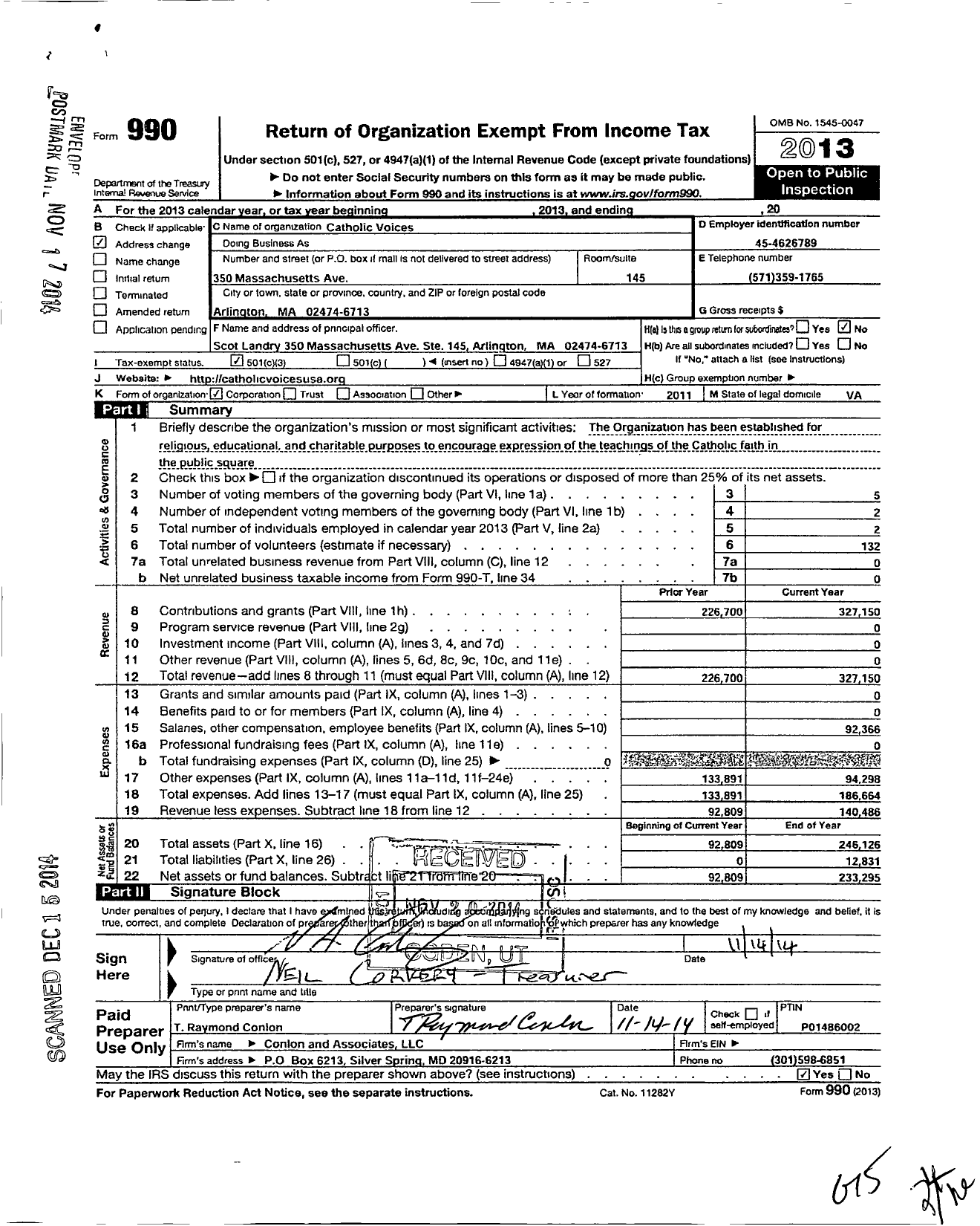 Image of first page of 2013 Form 990 for Catholic Voices