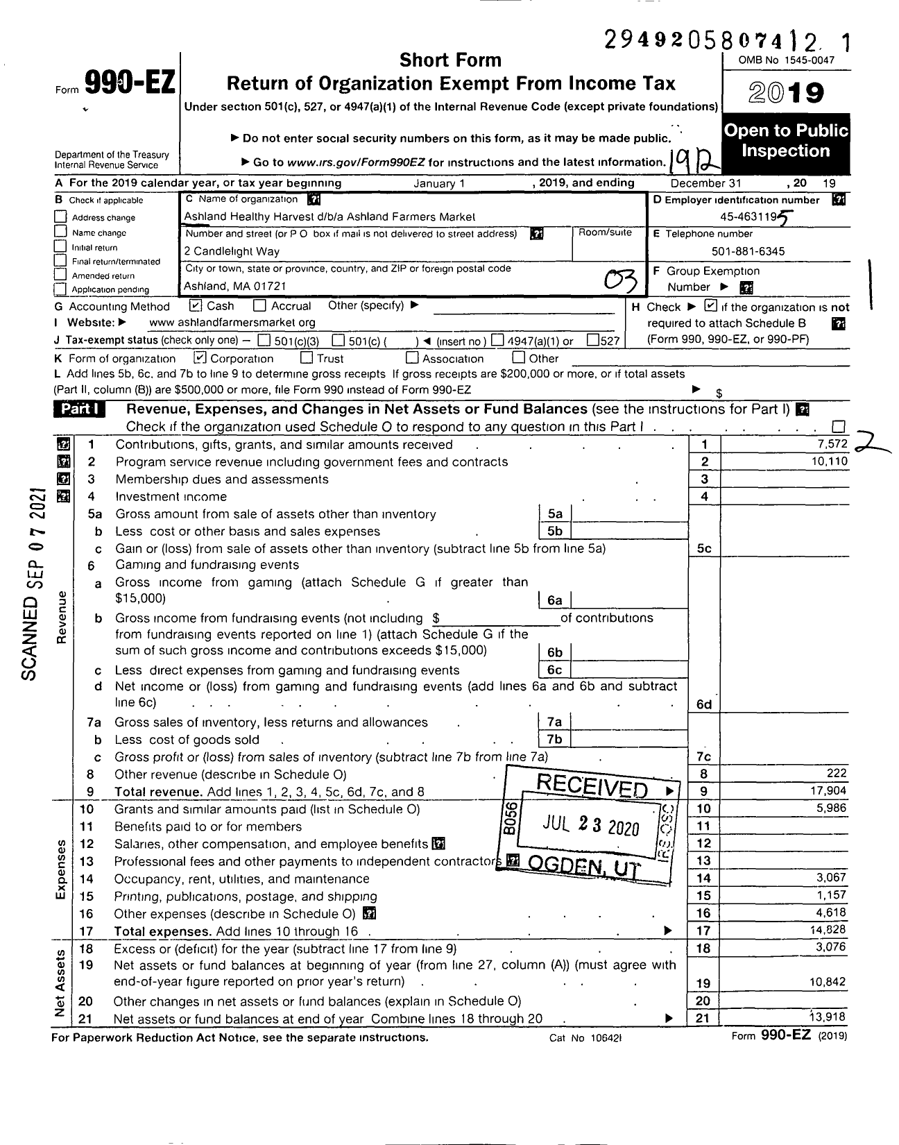 Image of first page of 2019 Form 990EZ for Ashland Farmers Market