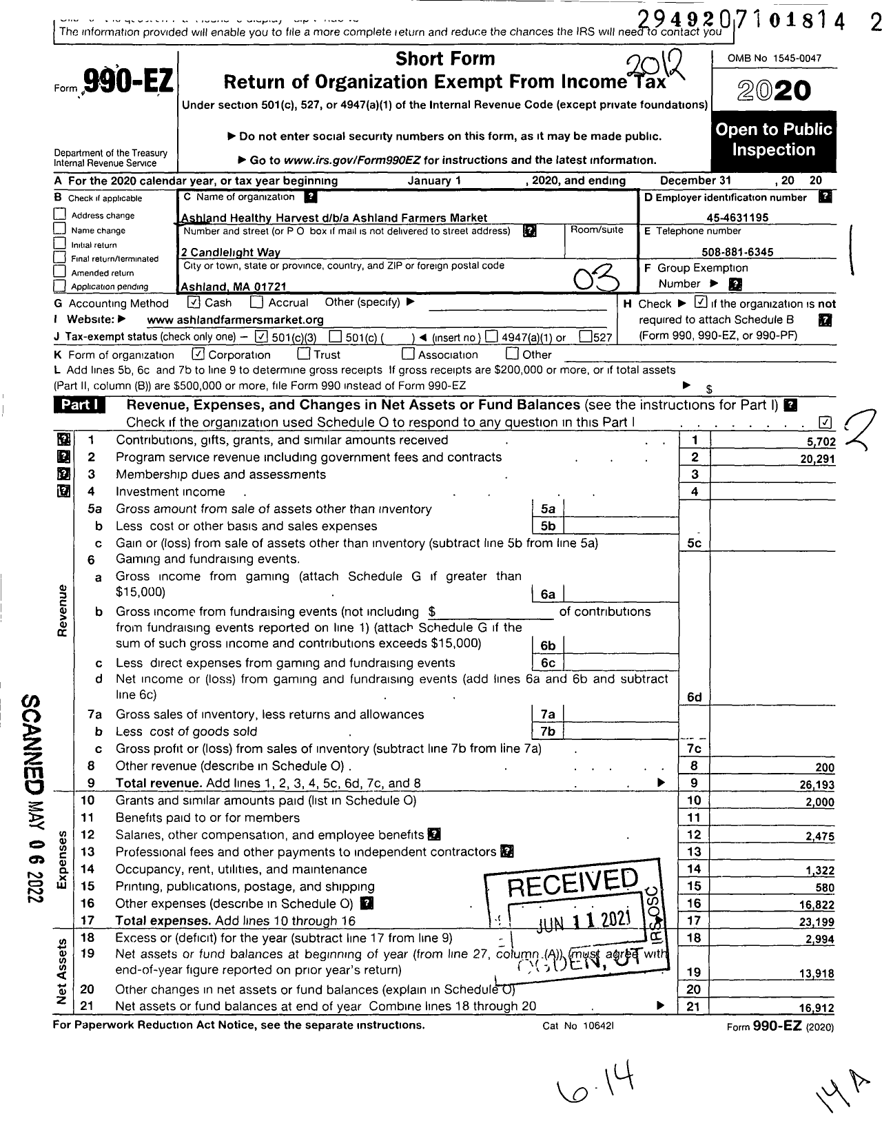 Image of first page of 2020 Form 990EZ for Ashland Farmers Market