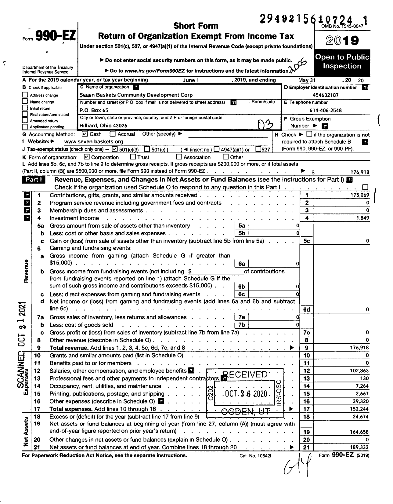 Image of first page of 2019 Form 990EZ for Seven Baskets Community Development Corporation