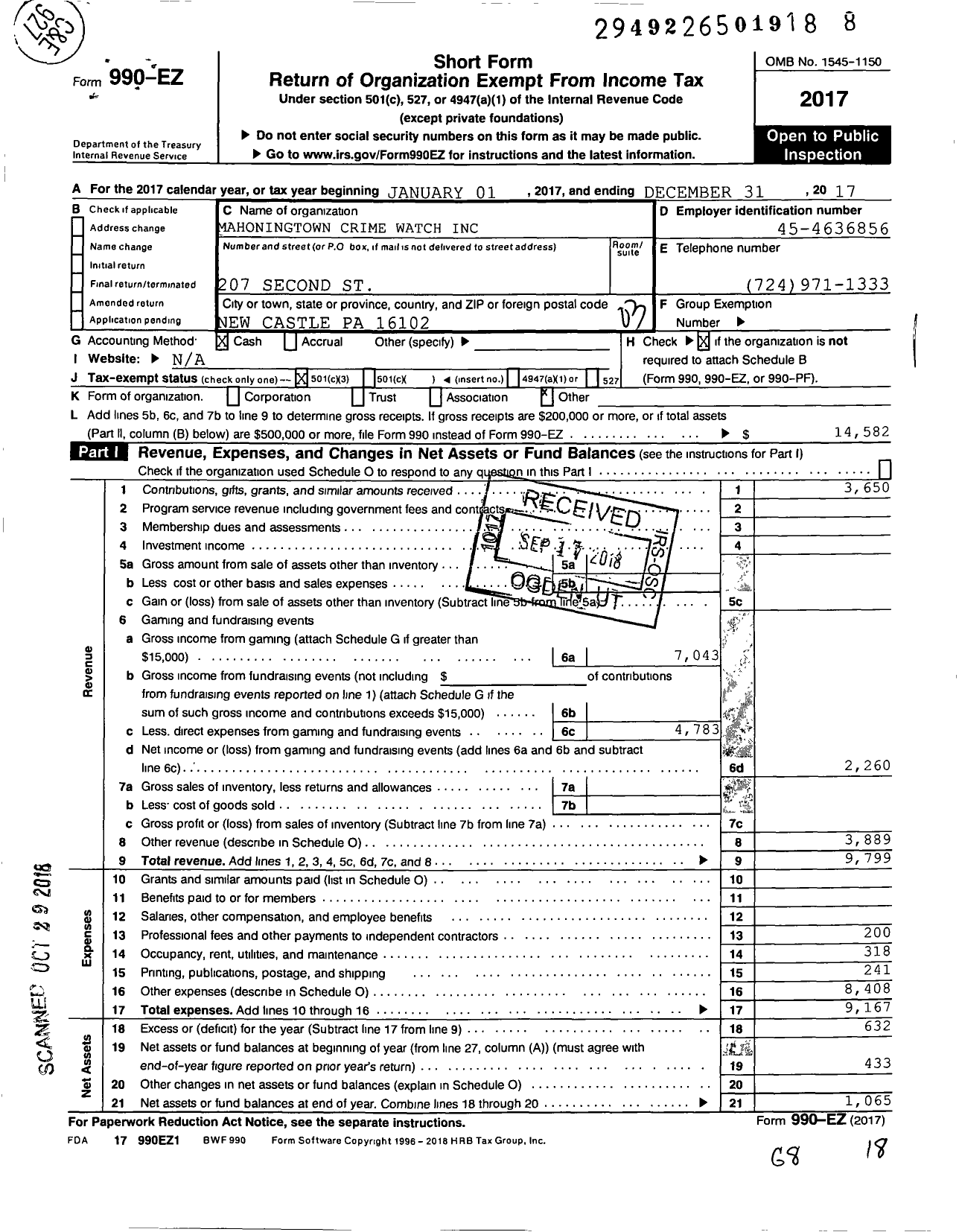 Image of first page of 2017 Form 990EZ for Mahoningtown Crime Watch