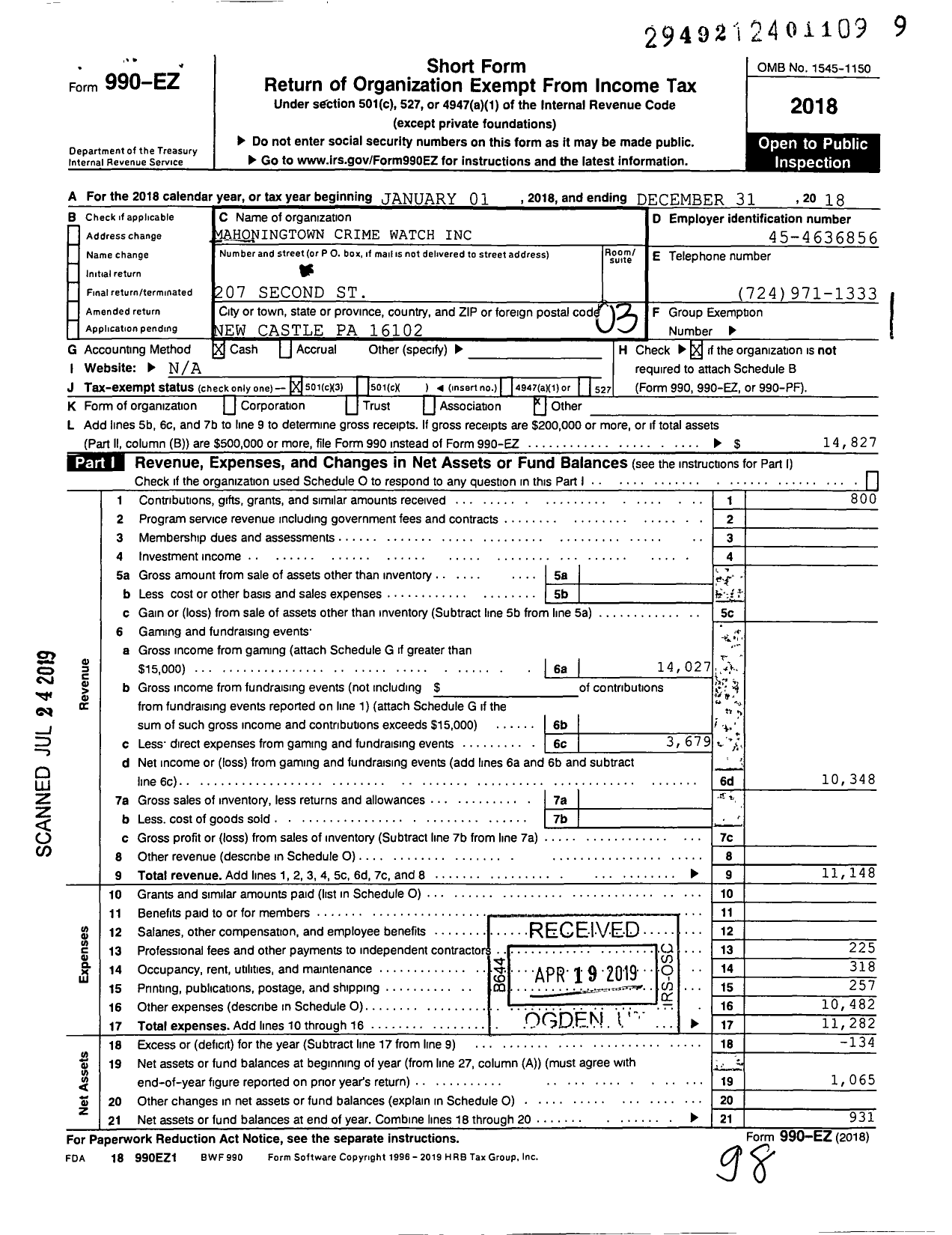 Image of first page of 2018 Form 990EZ for Mahoningtown Crime Watch