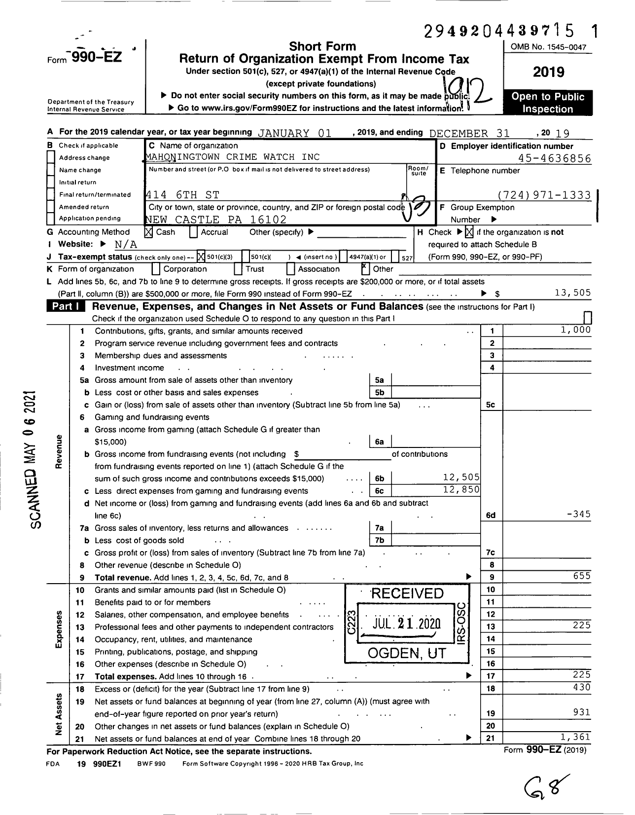 Image of first page of 2019 Form 990EZ for Mahoningtown Crime Watch