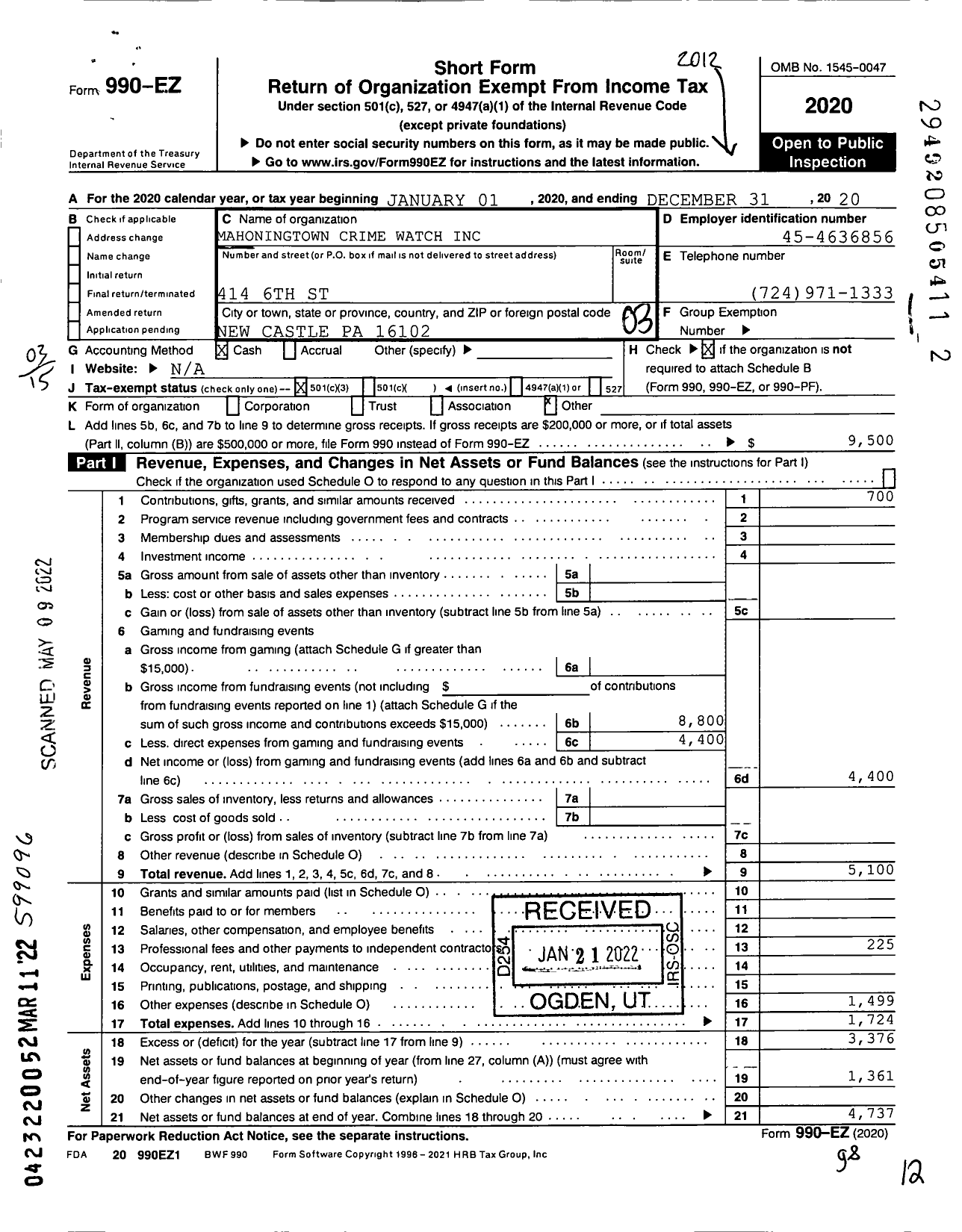 Image of first page of 2020 Form 990EZ for Mahoningtown Crime Watch