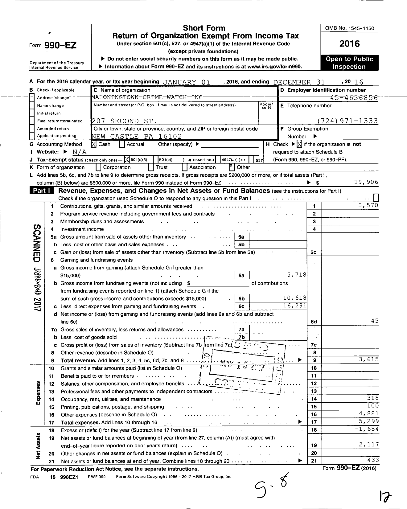 Image of first page of 2016 Form 990EZ for Mahoningtown Crime Watch