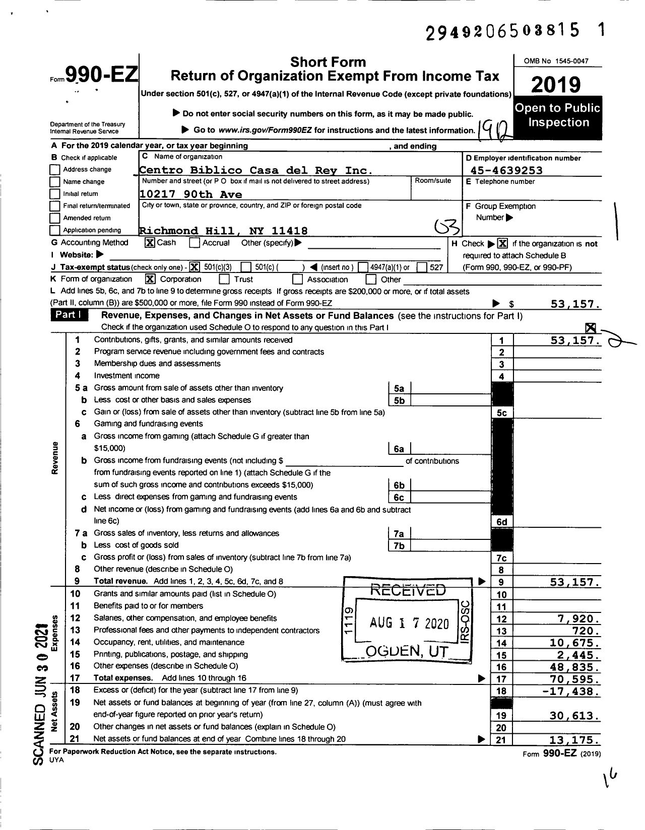 Image of first page of 2019 Form 990EZ for Centro Biblico Casa del Rey