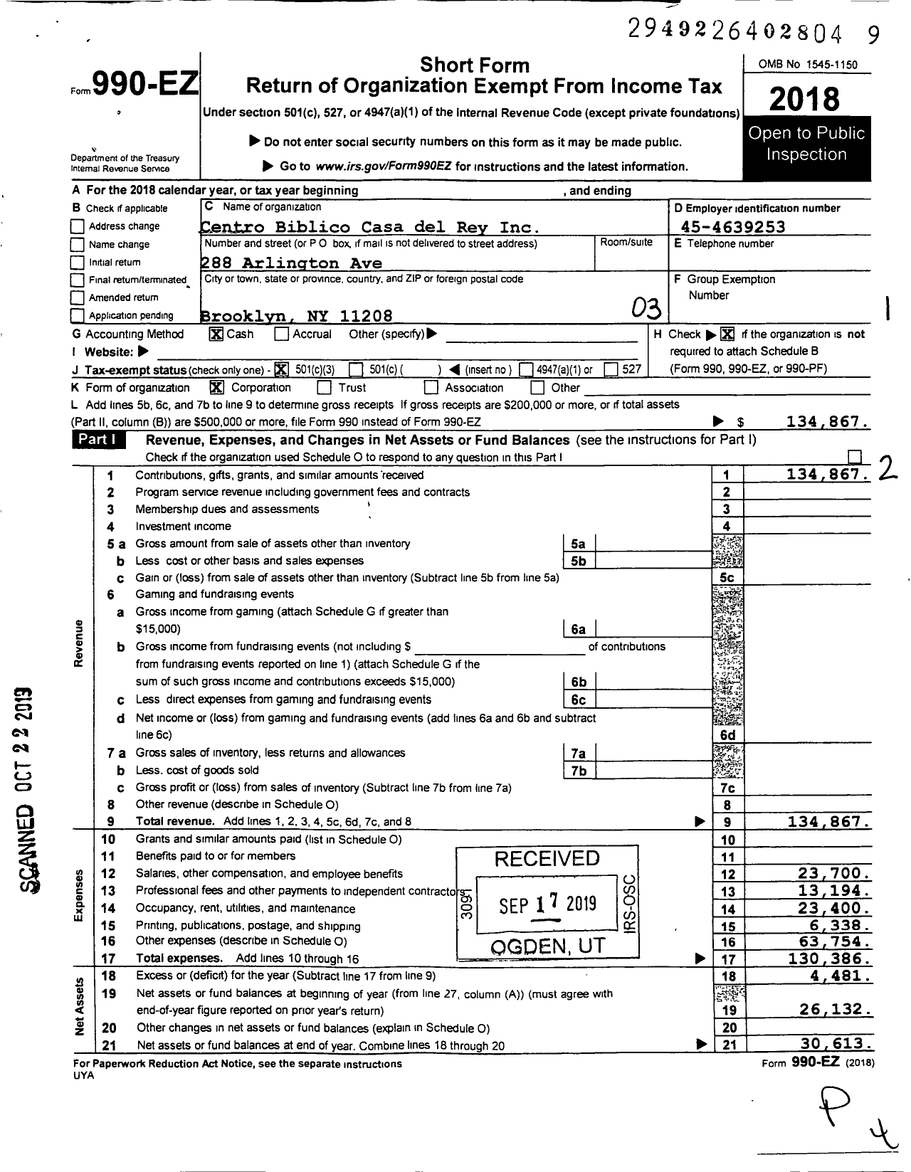 Image of first page of 2018 Form 990EZ for Centro Biblico Casa del Rey