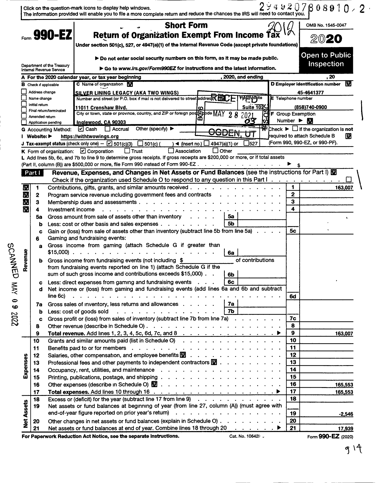 Image of first page of 2020 Form 990EZ for Qualified / Silver Lining Legacy