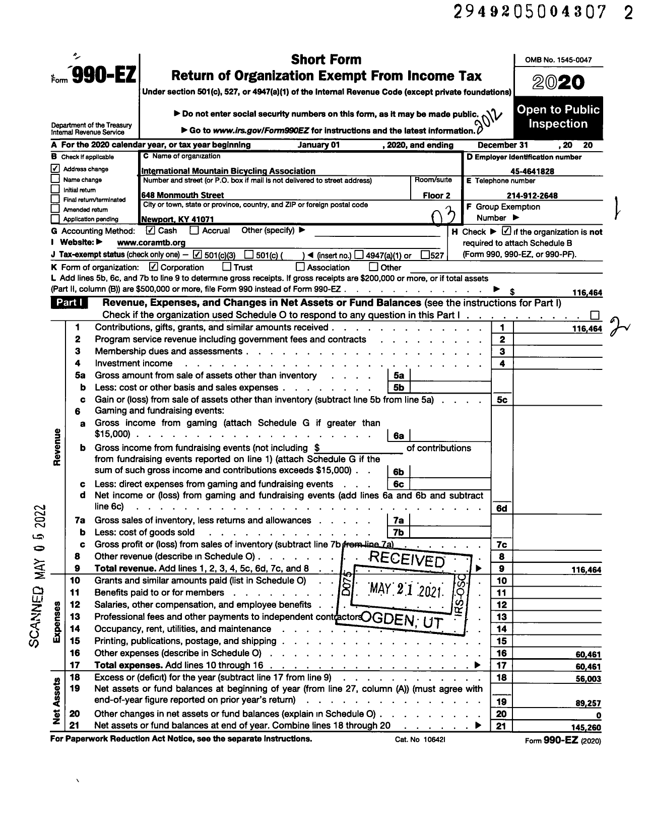 Image of first page of 2020 Form 990EZ for International Mountain Bicycling Association / Cincinnati Off-Road Alliance