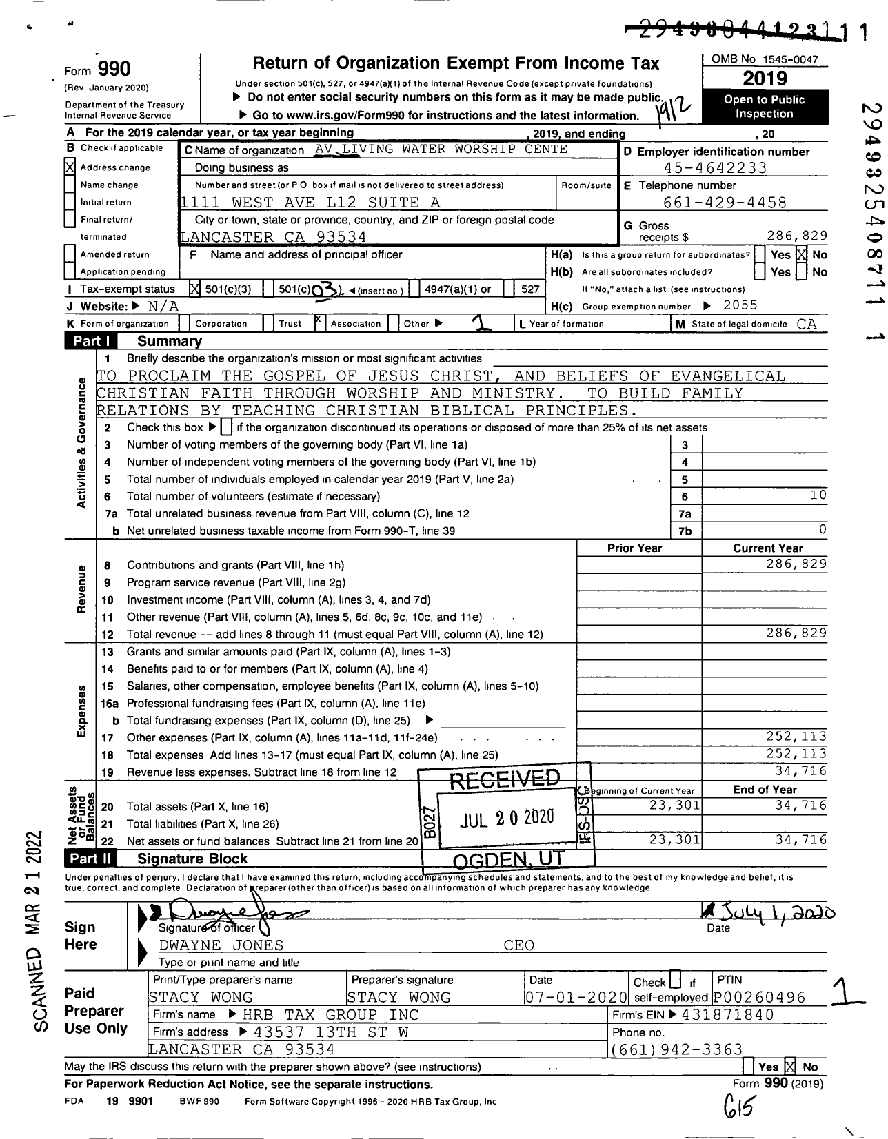 Image of first page of 2019 Form 990 for Av Living Water Worship Center