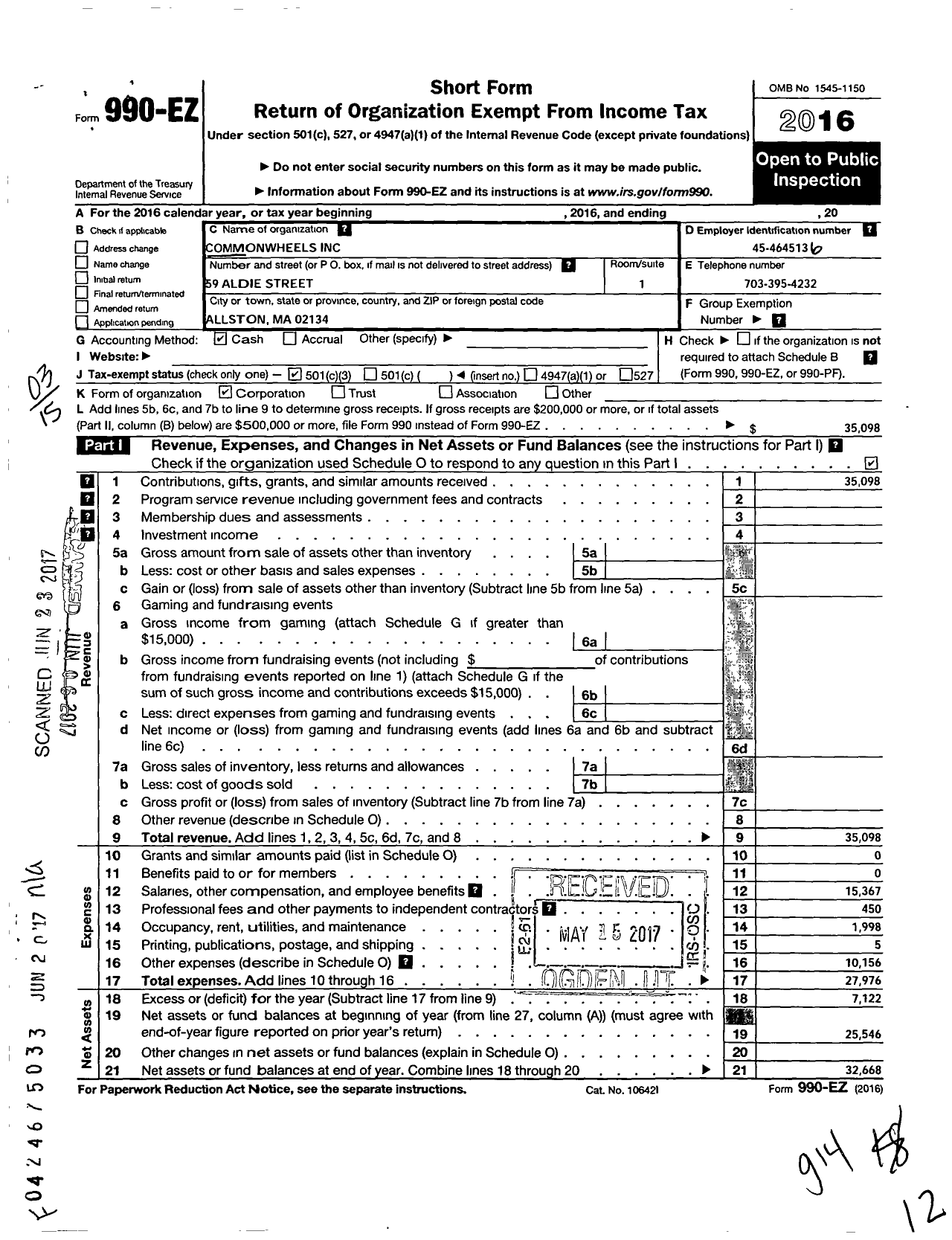 Image of first page of 2016 Form 990EZ for CommonWheels