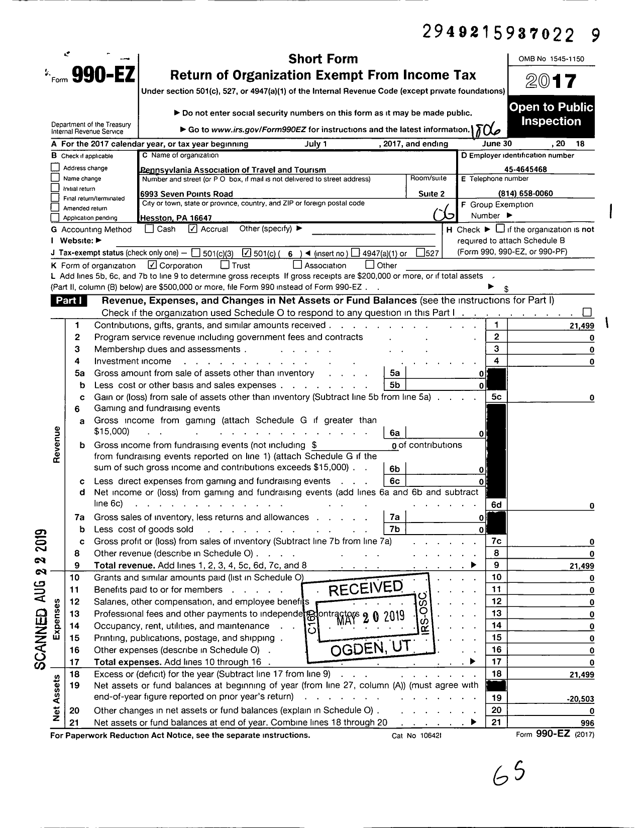 Image of first page of 2017 Form 990EO for Pennsylvania Association of Travel and Tourism