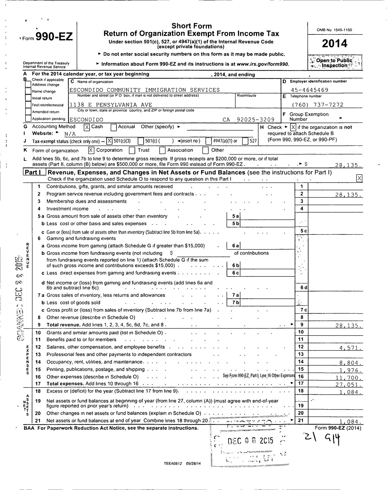 Image of first page of 2014 Form 990EZ for Escondido Community Immigration Services