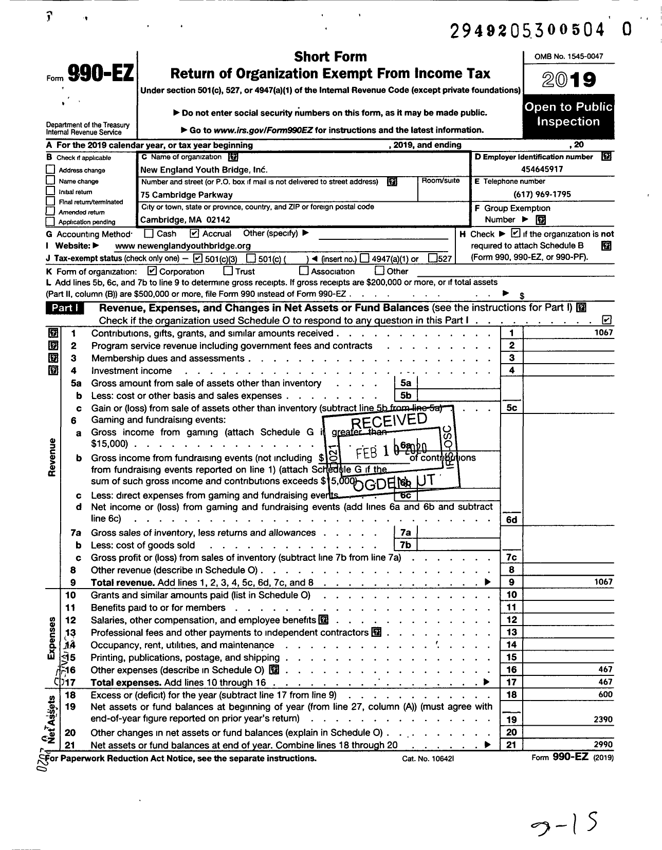 Image of first page of 2019 Form 990EZ for New England Youth Bridge