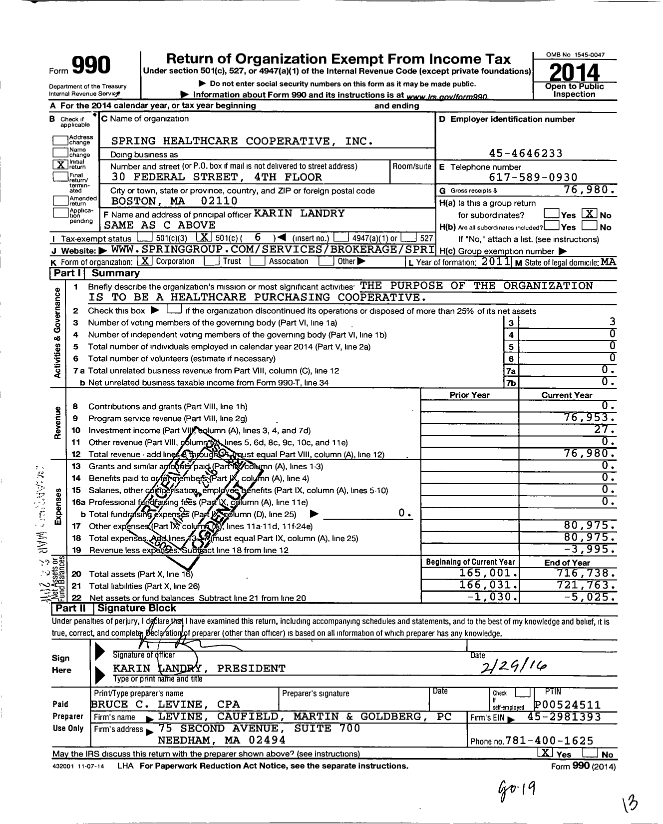 Image of first page of 2014 Form 990O for Spring Healthcare Cooperative