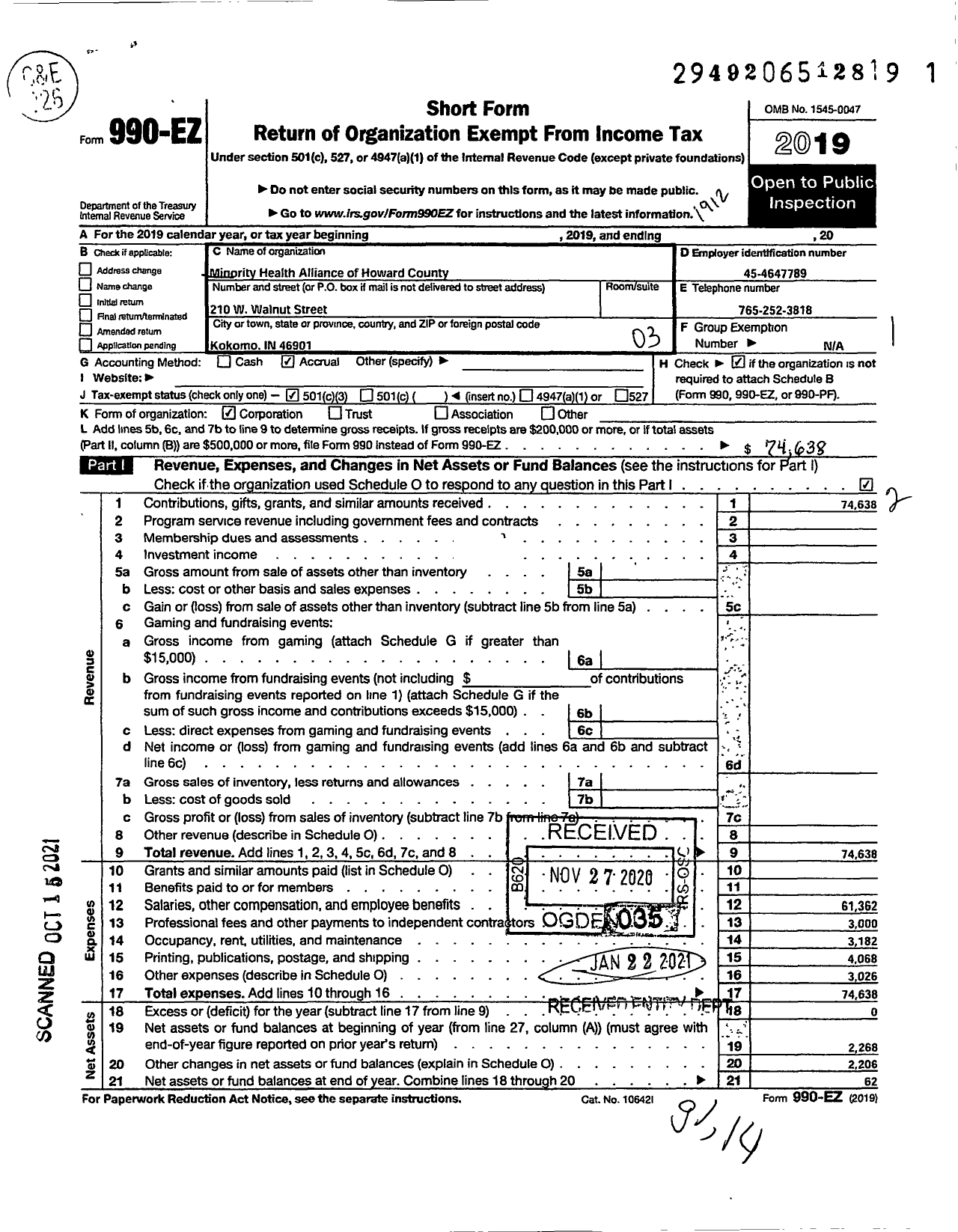 Image of first page of 2019 Form 990EZ for Minority Health Alliance of Howard Cty