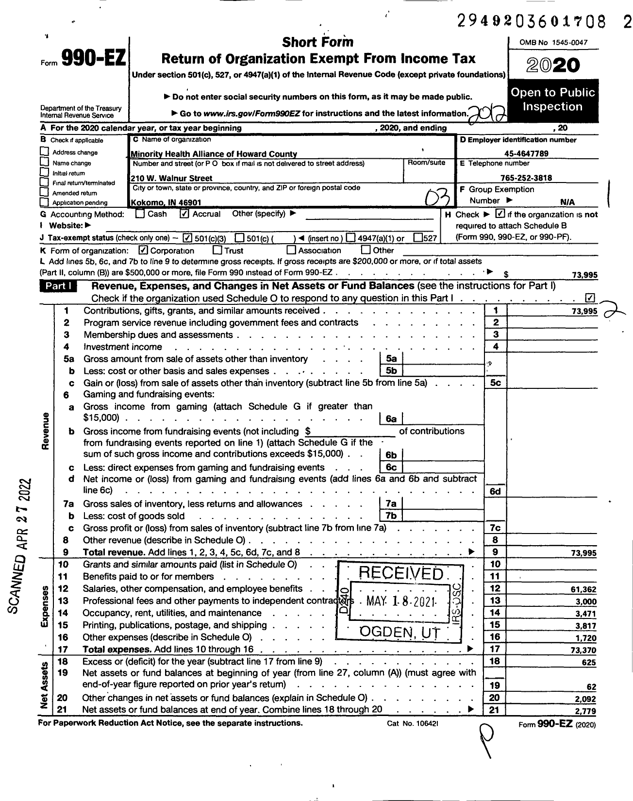 Image of first page of 2020 Form 990EZ for Minority Health Alliance of Howard Cty