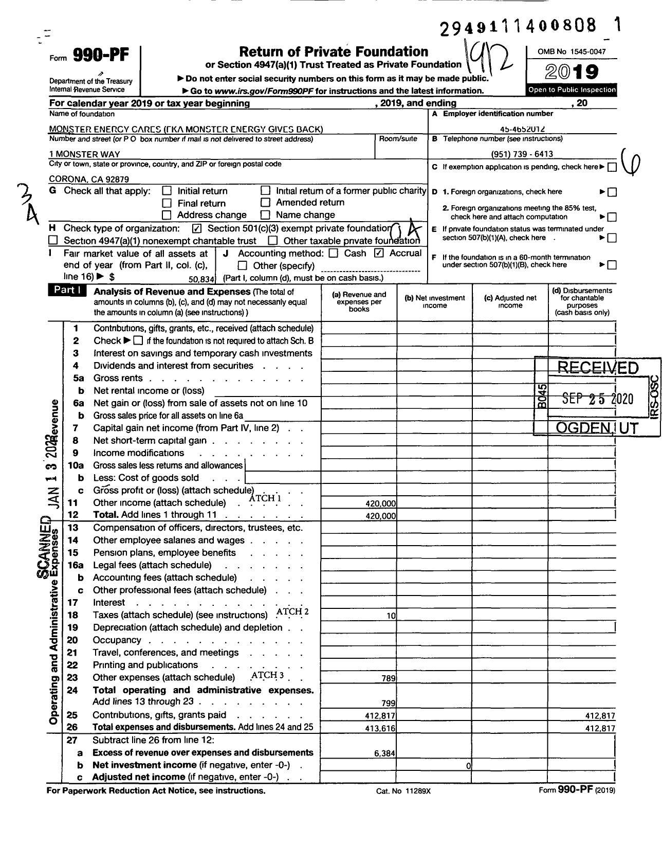 Image of first page of 2019 Form 990PF for Monster Energy Cares