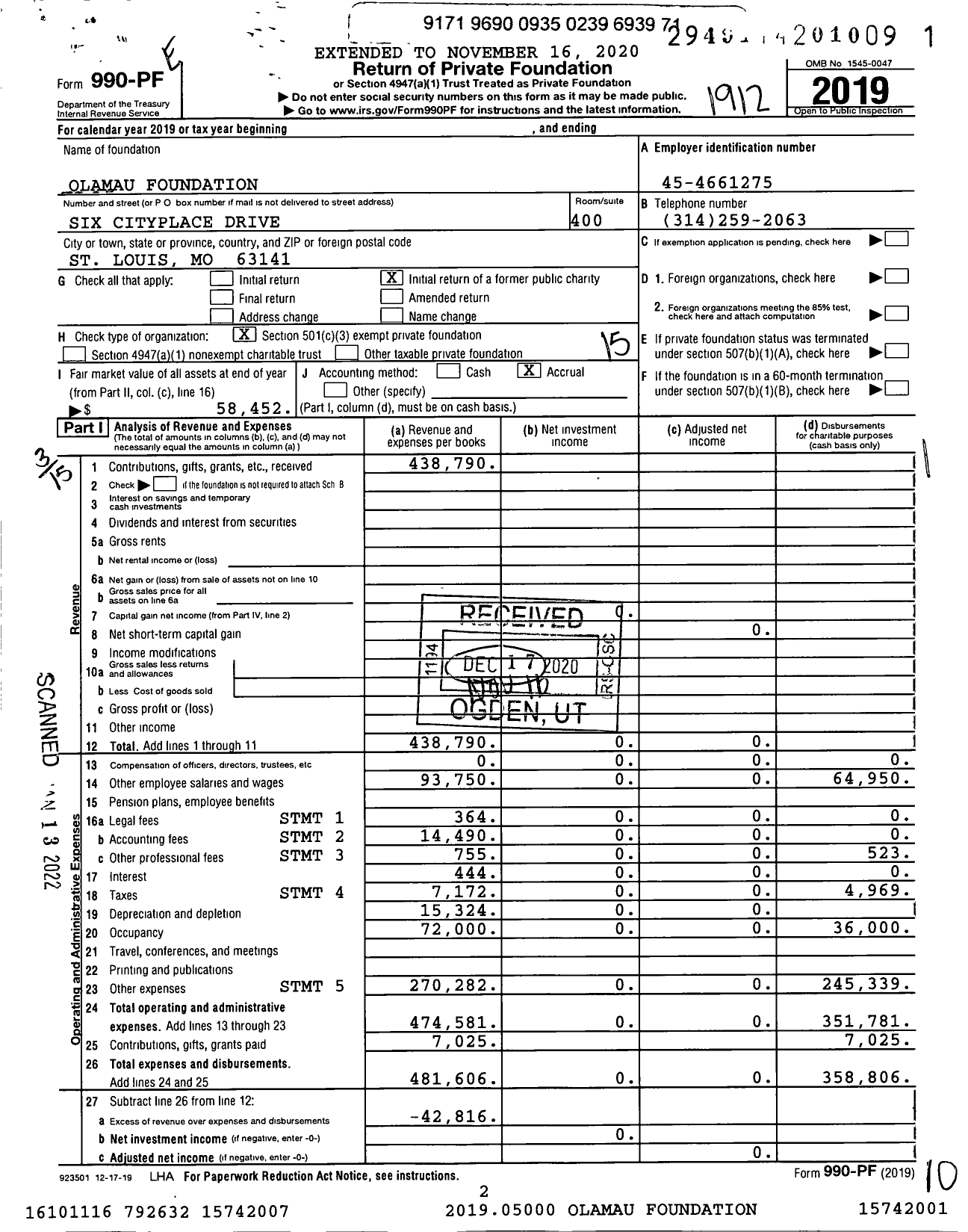 Image of first page of 2019 Form 990PF for Olamau Foundation