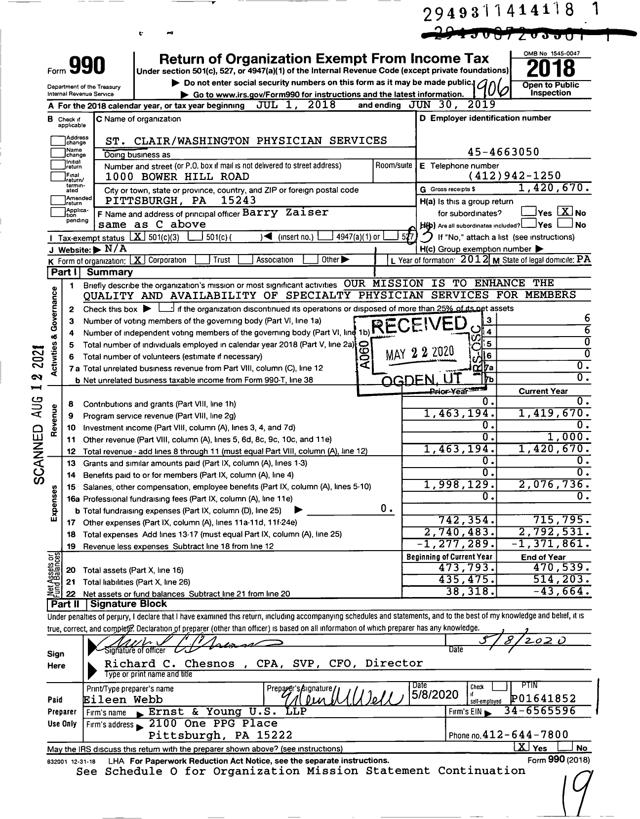 Image of first page of 2018 Form 990 for St ClairWashington Physician Services