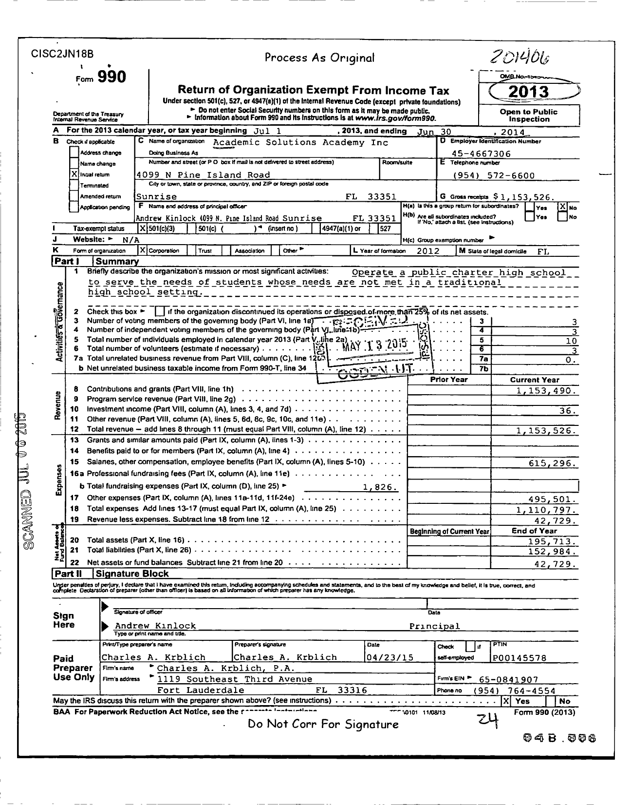 Image of first page of 2013 Form 990 for Academic Solutions Academy