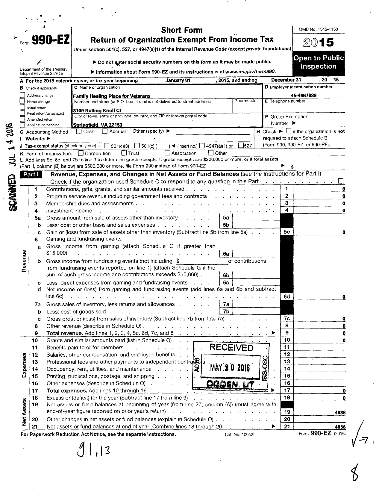 Image of first page of 2015 Form 990EO for Family Healing Place for Veterans