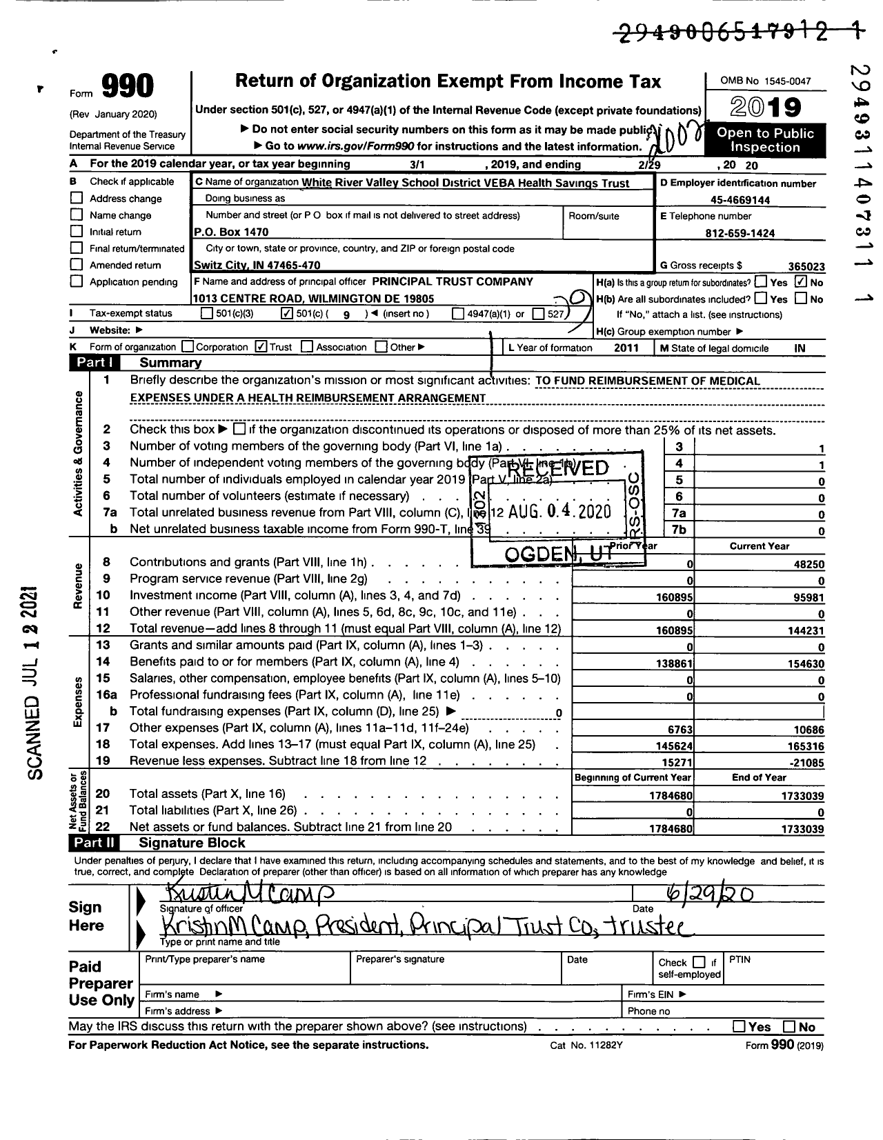 Image of first page of 2019 Form 990O for White River Valley School District Veba Health Savings Trust