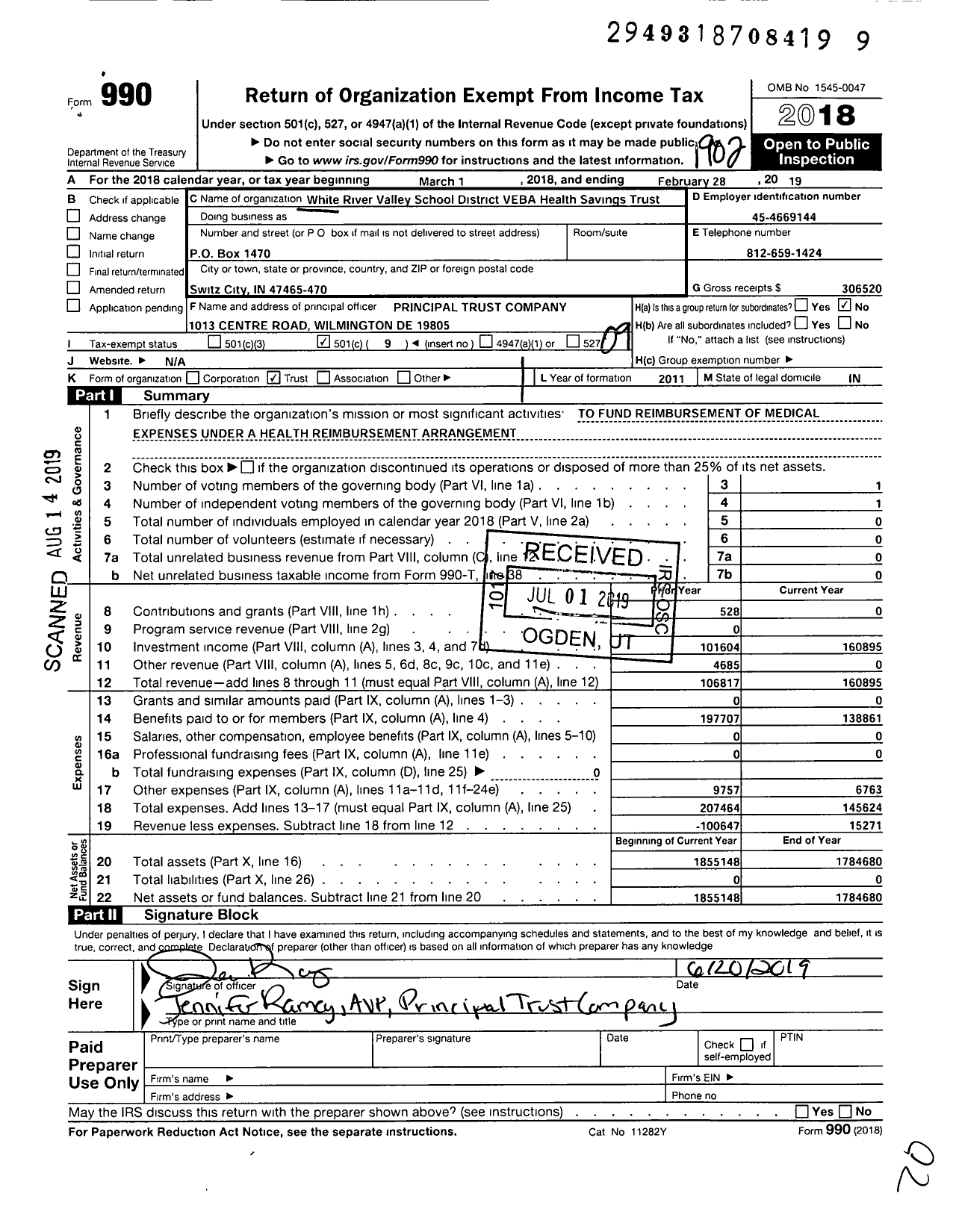 Image of first page of 2018 Form 990O for White River Valley School District Veba Health Savings Trust
