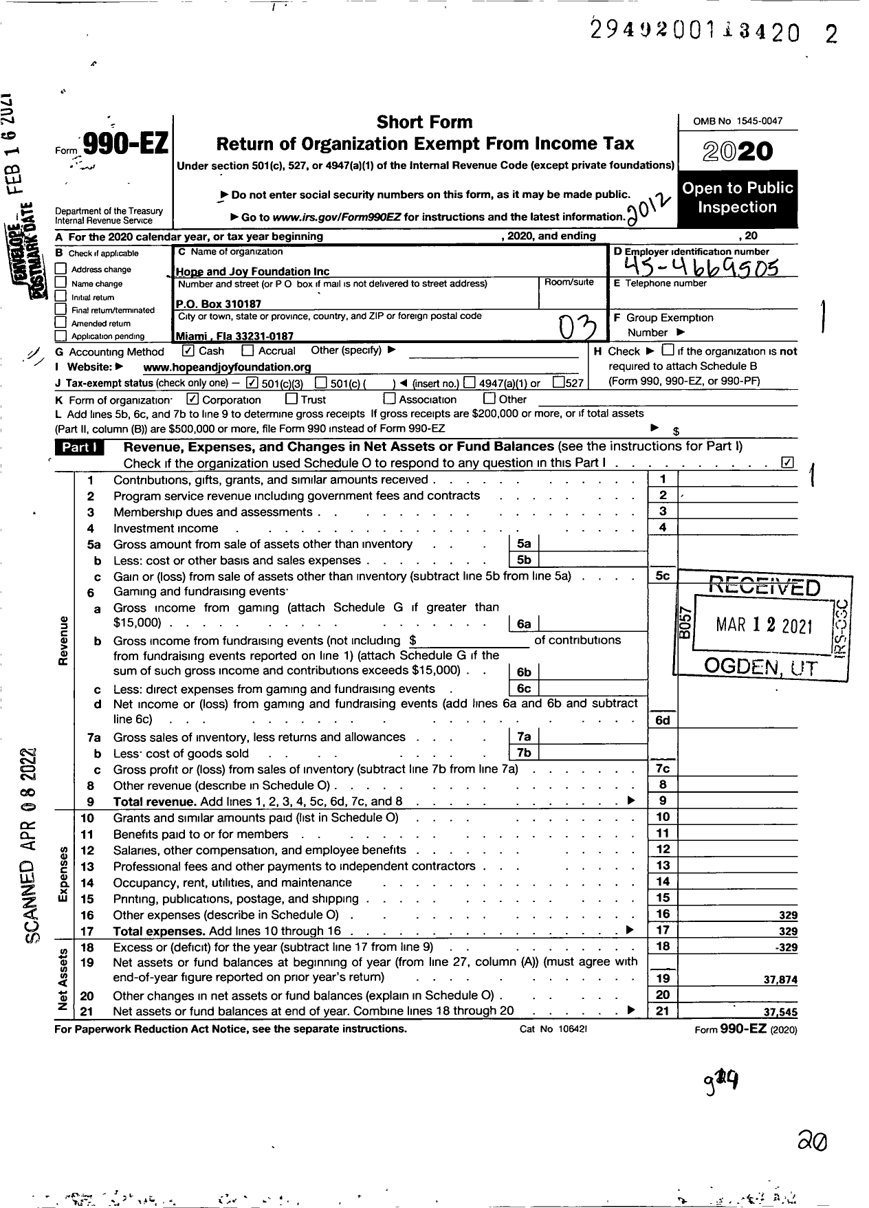 Image of first page of 2020 Form 990EZ for City of Hope and Joy Foundation